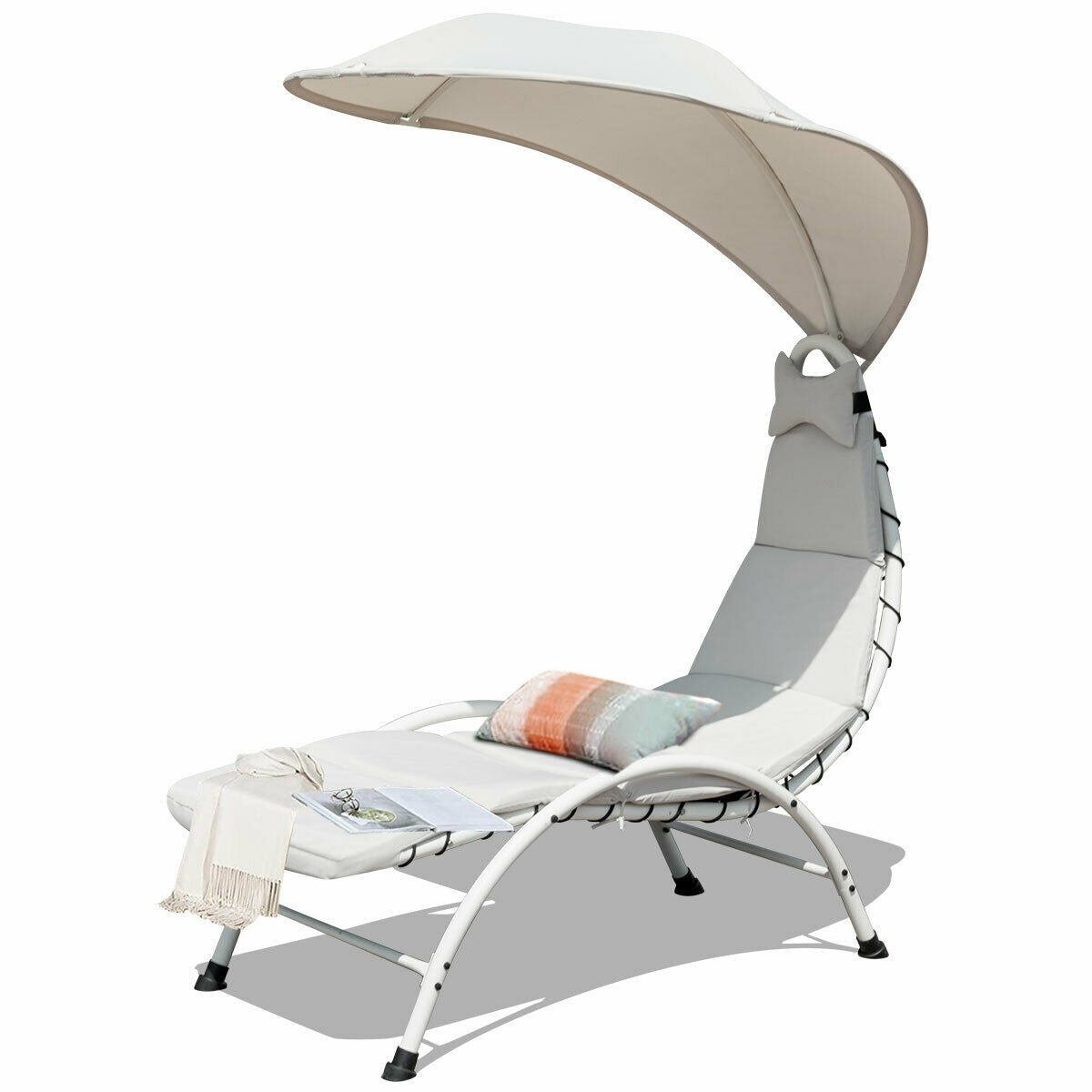 Lounger Chair w/ Canopy, Removable Headrest, Patio Chaise with Cushion