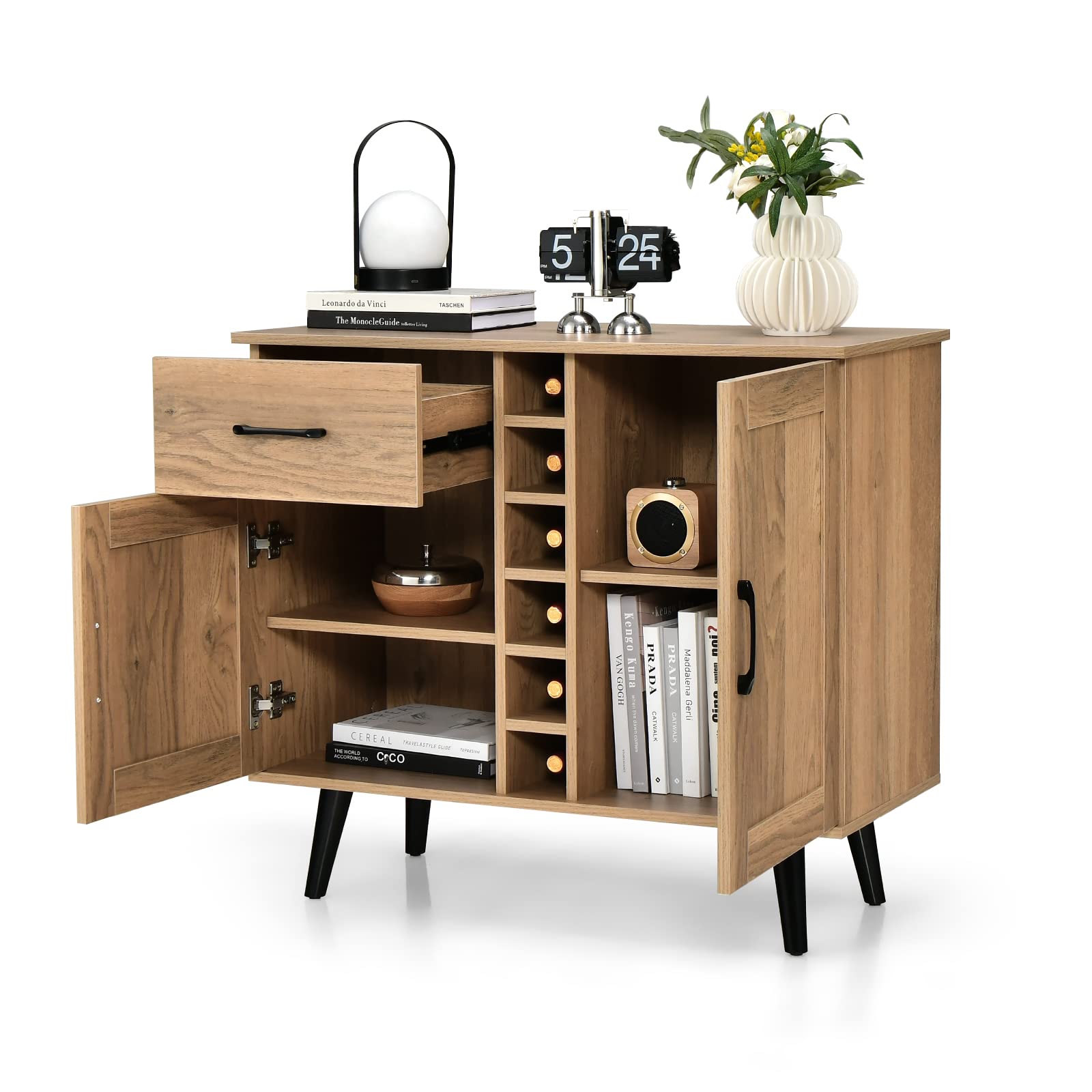 Giantex Buffet Sideboard Storage Cabinet - Wood Pantry Cupboard with 6-Bottle Wine Rack, Large Drawer (Oak)