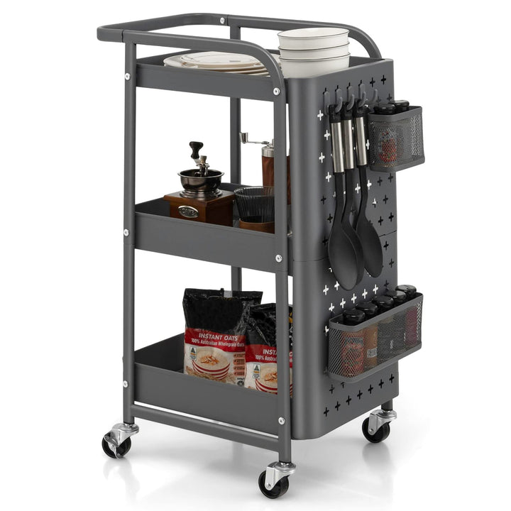 Giantex 3-Tier Utility Cart, Rolling Storage Organizer w/ Pegboards, 2 Mesh Baskets, 4 Hanging Hooks, Art Craft Trolley