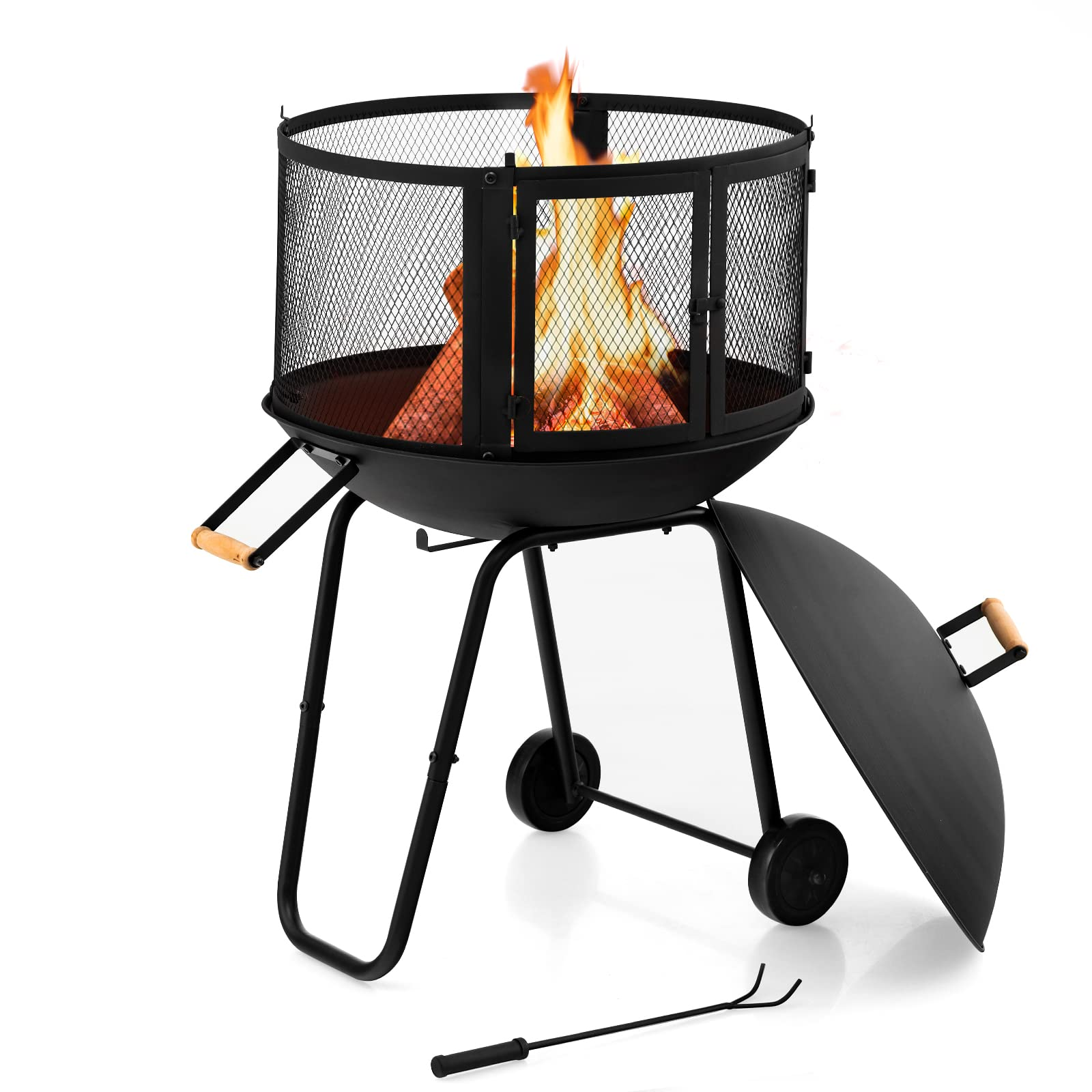 Giantex 28” Portable Fire Pit on Wheels - Mobile Wood Burning Firepit with Log Grate