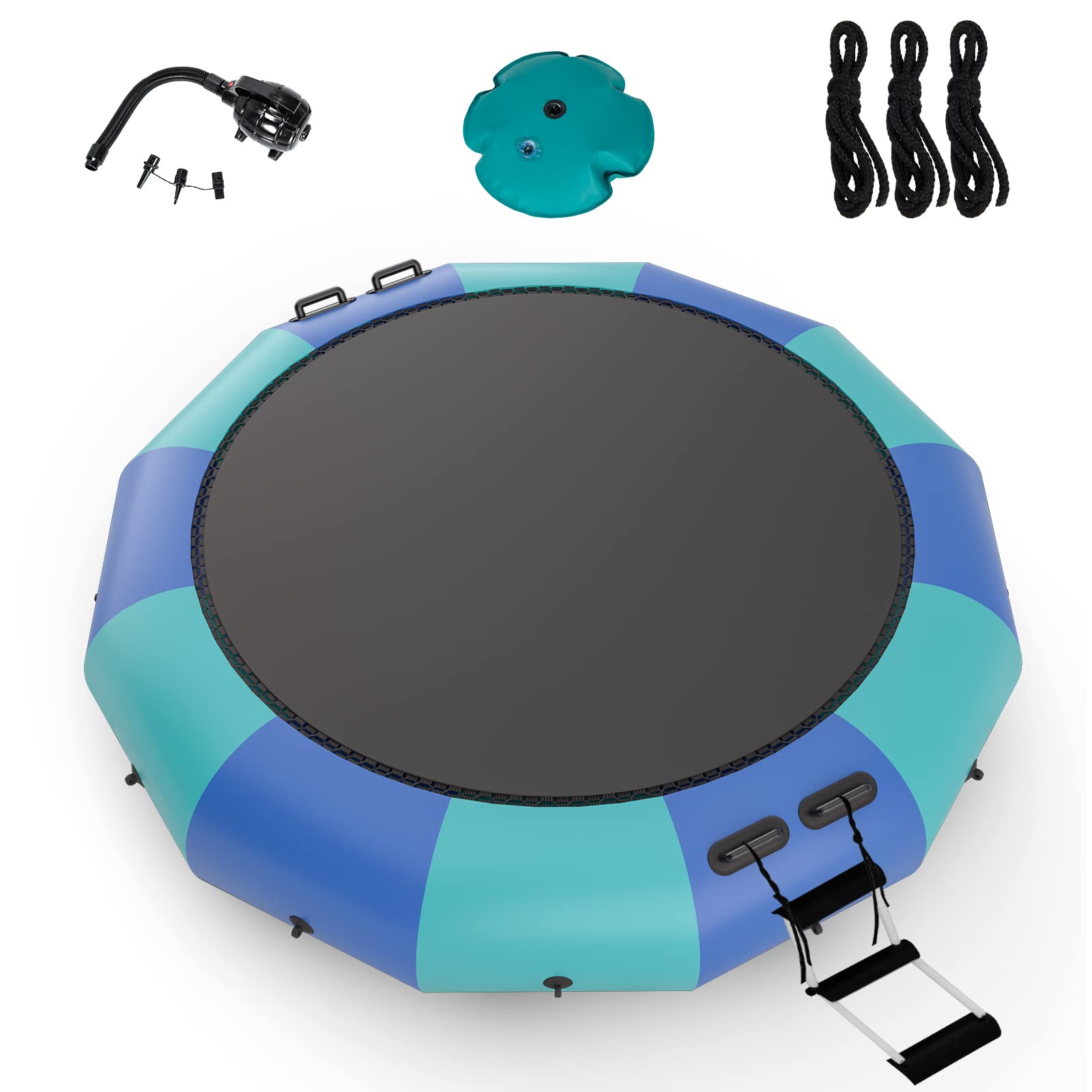Giantex 10Ft 12Ft 15Ft Inflatable Water Trampoline, Floating Rebounder Trampoline with 500W Blower and 3-Step Rope Ladder