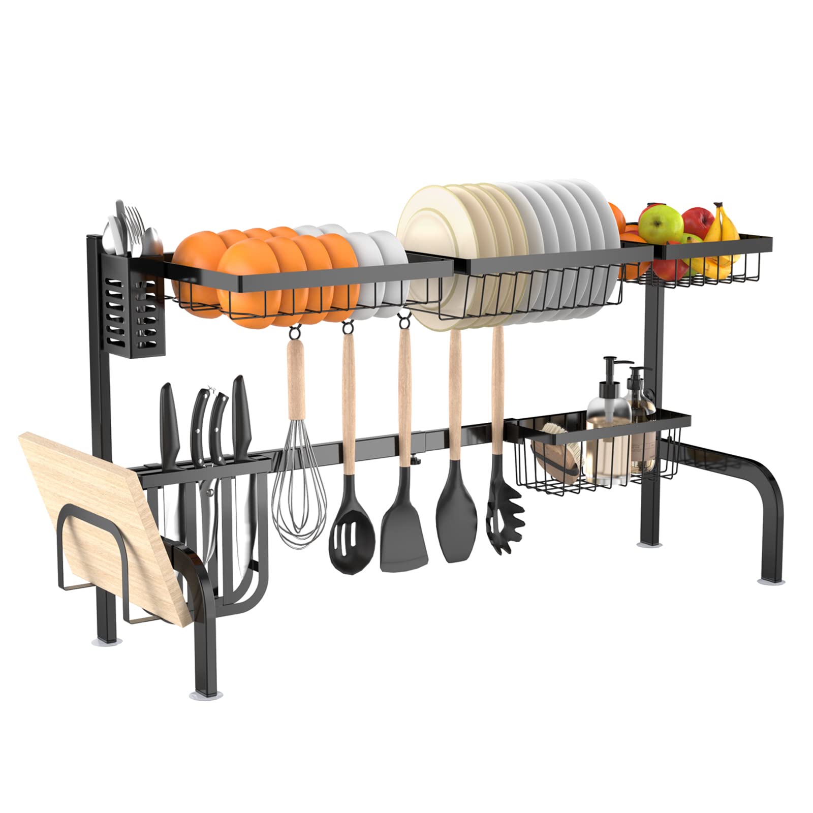 Dish Drying Rack with Drainboard Dish Drainers for Kitchen Counter Sink  Adjustable Spout Dish Strainers with Utensil Holder and Knife Slots, Black  