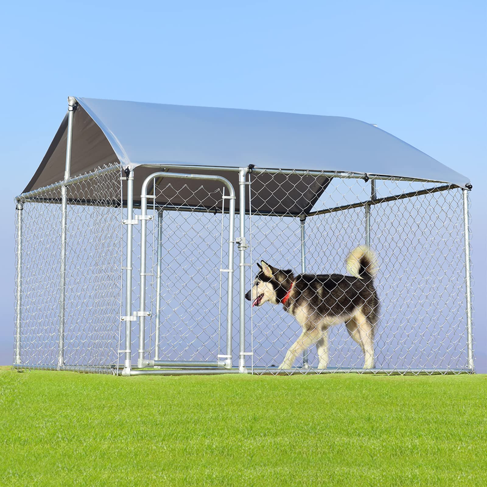 Giantex Outdoor Dog Kennel with Roof, 7.5ft Dog Fence with Door and Waterproof Cover