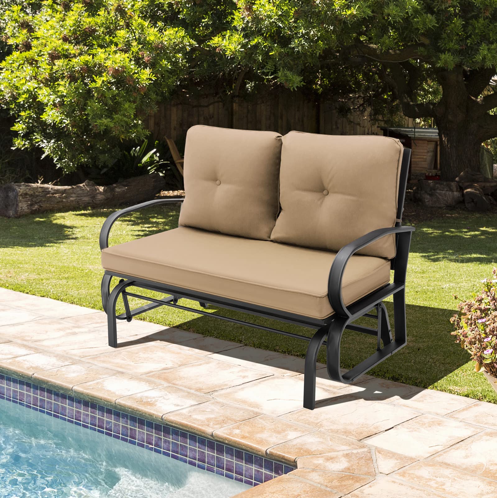 Giantex 2 Seats Glider Bench for Outside, Patio Glider Porch Loveseat w/Cushions & Powder Coated Steel Frame