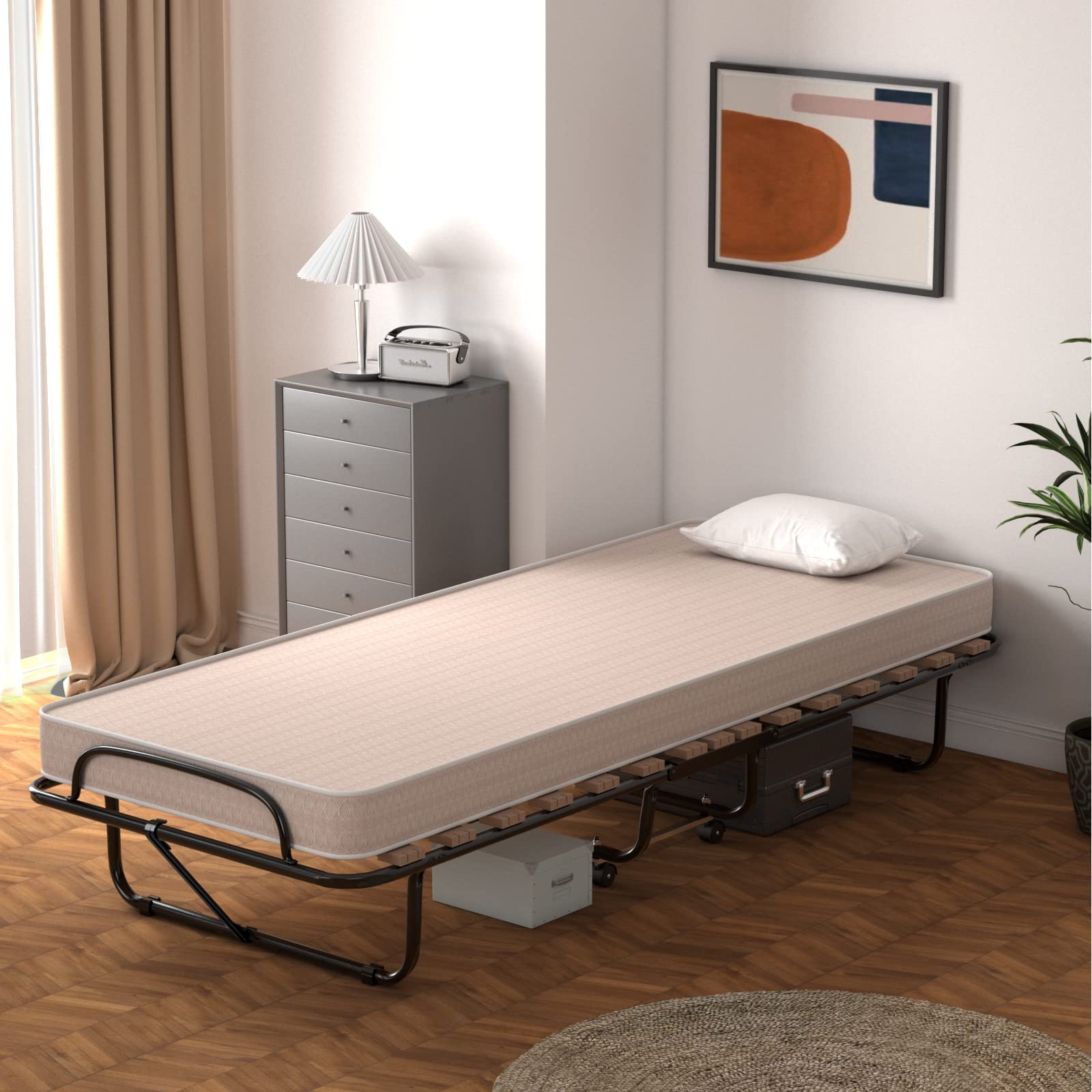Giantex Folding Bed with Mattress for Adults, 75" x 32" Rollaway Guest Beds w/ 3 Inch Foam Mattress & Sturdy Metal Frame