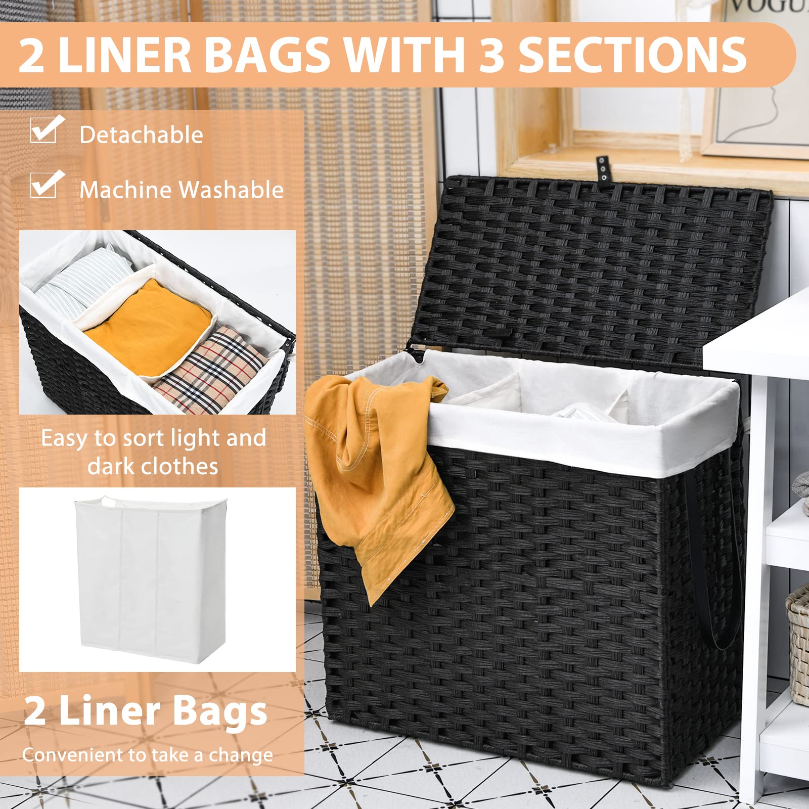 Giantex Laundry Hamper w/Wheels, 3 Section Hamper 125L w/2 Removable Liner Bags