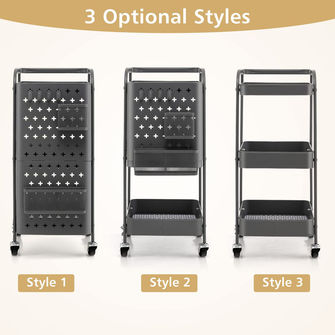 Giantex 3-Tier Utility Cart, Rolling Storage Organizer w/ Pegboards, 2 Mesh Baskets, 4 Hanging Hooks, Art Craft Trolley