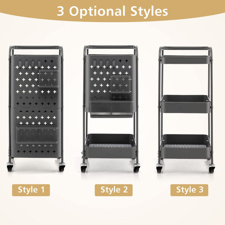 Giantex 3-Tier Utility Cart, Rolling Storage Organizer w/ Pegboards, 2 Mesh Baskets, 4 Hanging Hooks, Art Craft Trolley