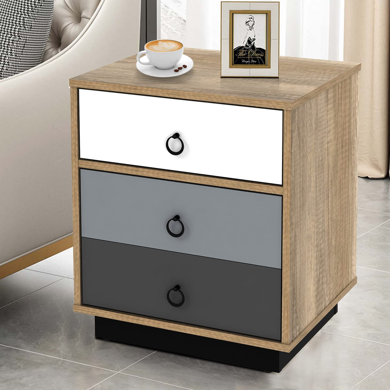 Giantex Nightstand, End Table with Drawer and Storage Cabinet, Bedside Table with Large Capacity