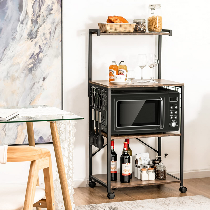 Giantex Kitchen Baker Rack on Wheels, Industrial Utility Storage Shelf, with 3 Hooks (Rustic Brown)