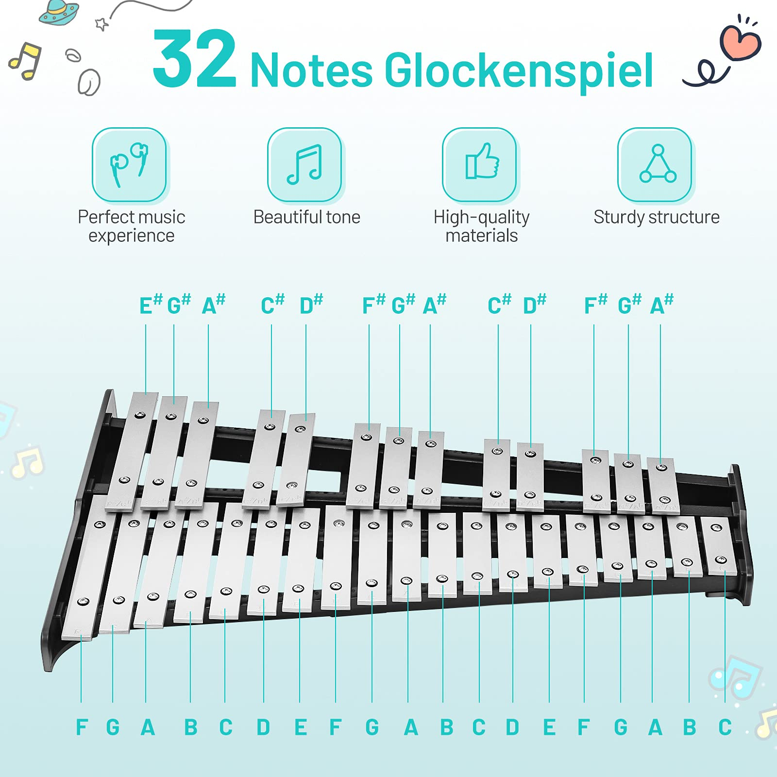 32 Note Percussion Glockenspiel Bell Kit