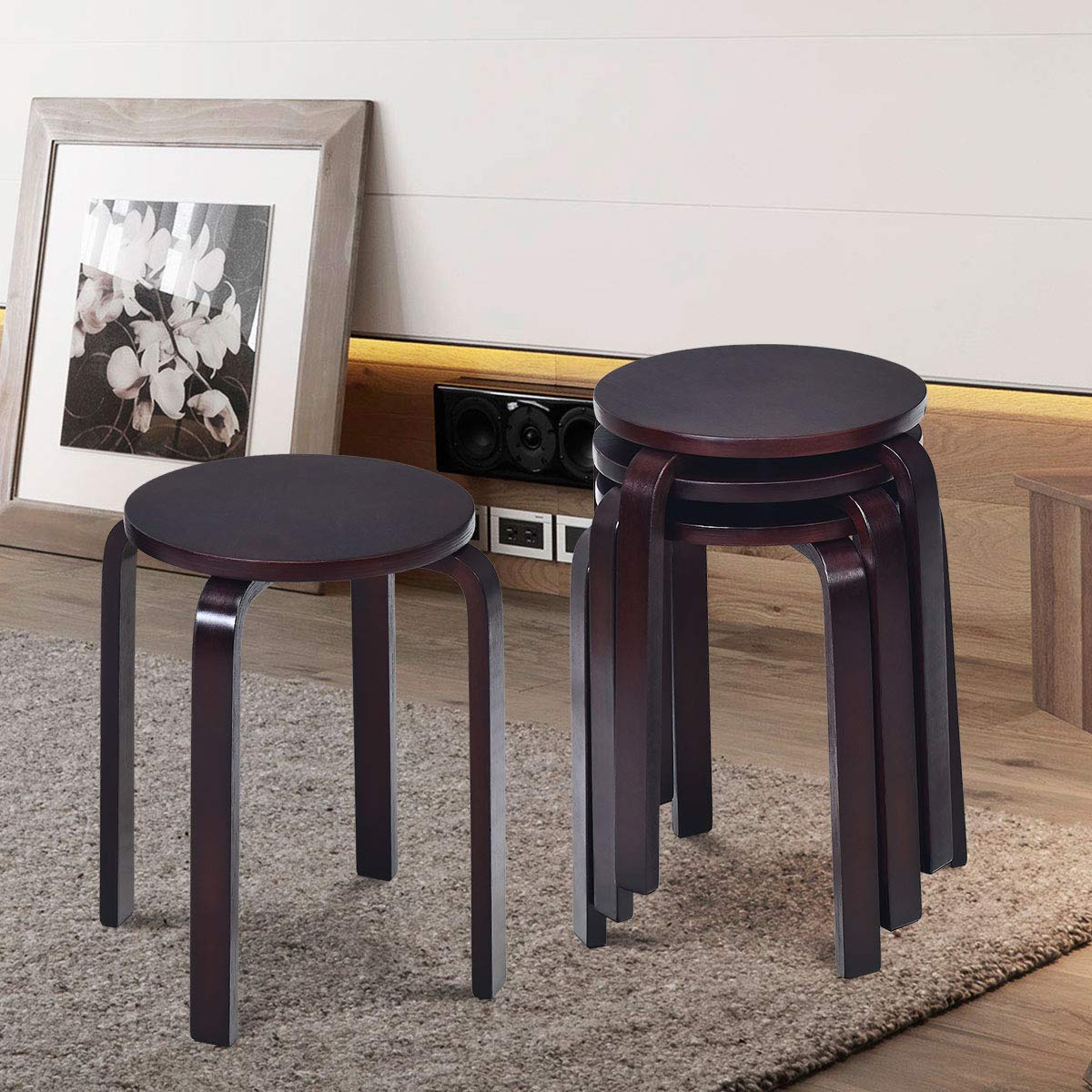 Stackable Bentwood Stools Set of 4, 18-Inch Height Backless Counter Chairs with Round Top, Anti-Slip Felt Pad