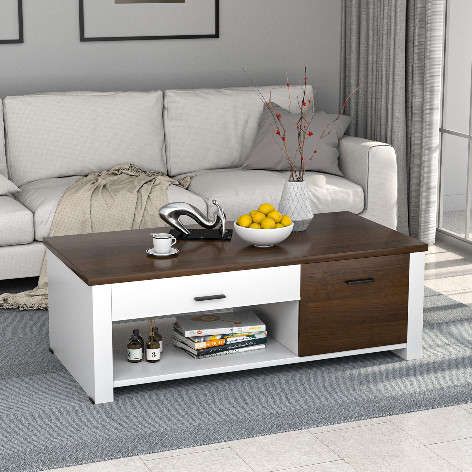 Modern Couch Table with Front & Back Drawers & Compartments, 47.2"x23.6"x16.1"