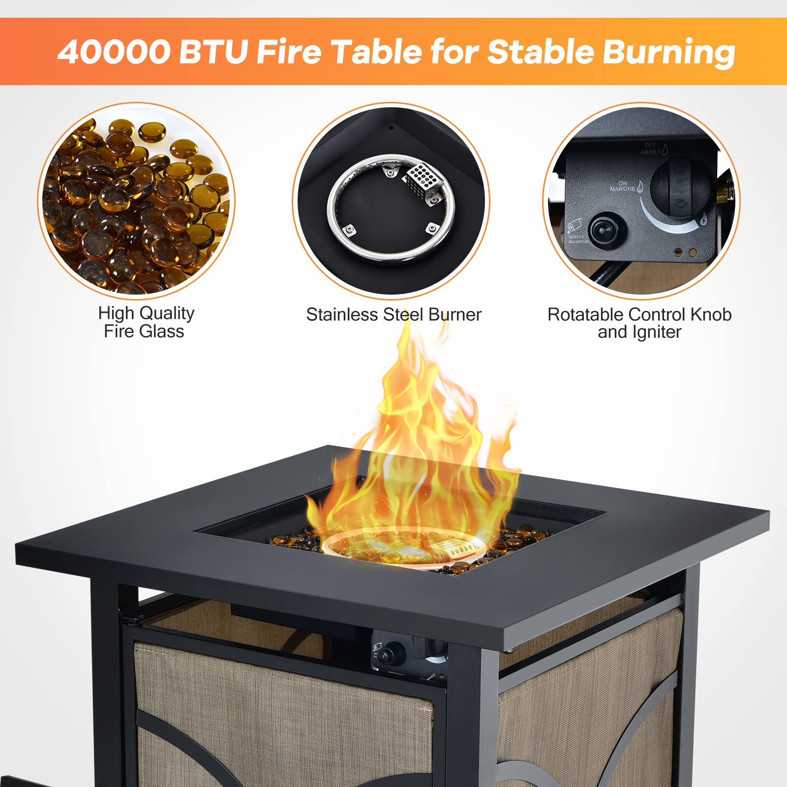 25-Inch Propane Fire Pit Table, 40000 BTU Square Gas Firepit Table with Lid