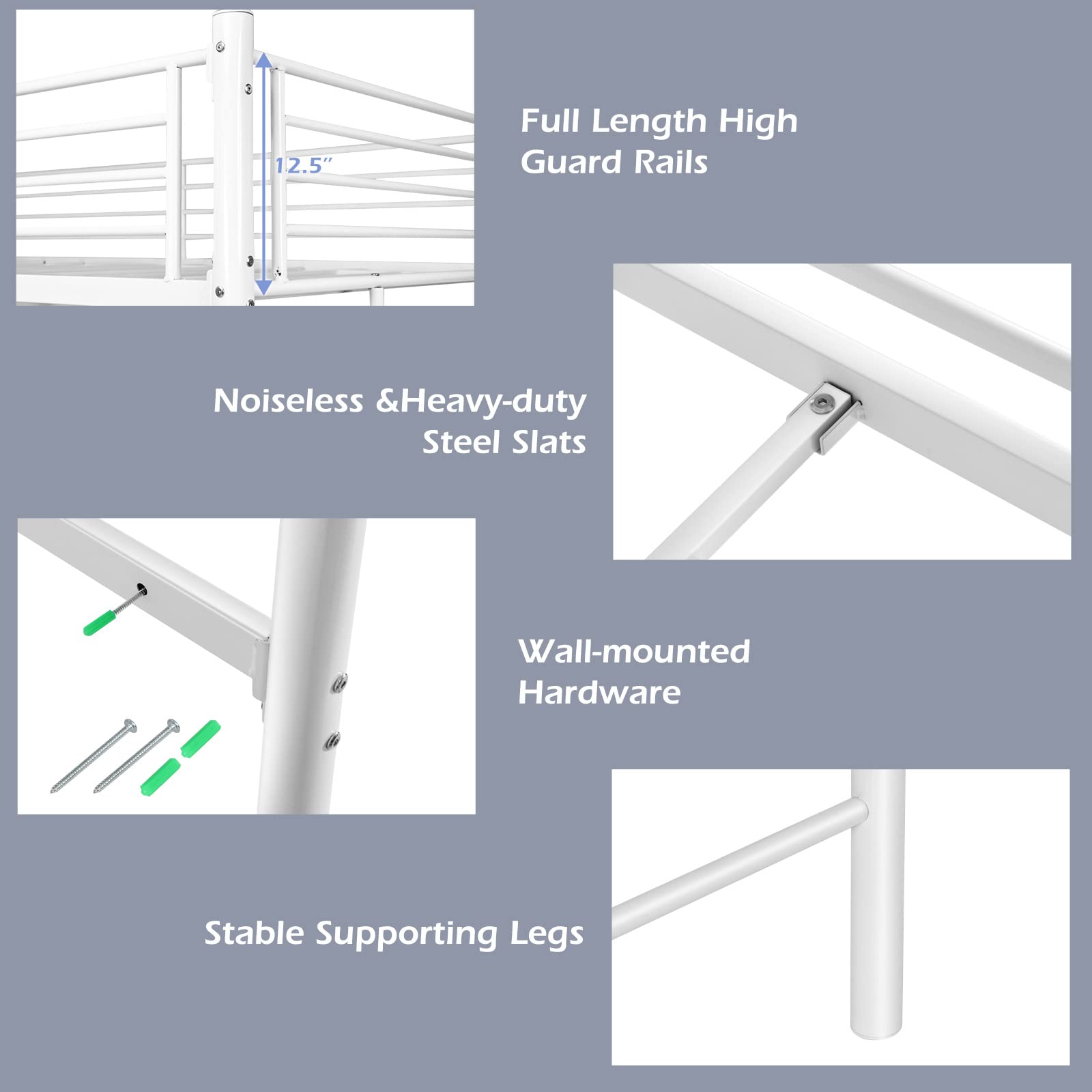 Heavy Duty Loft Bed Frame with 2 Ladders | Metal Loft Bed Twin Size
