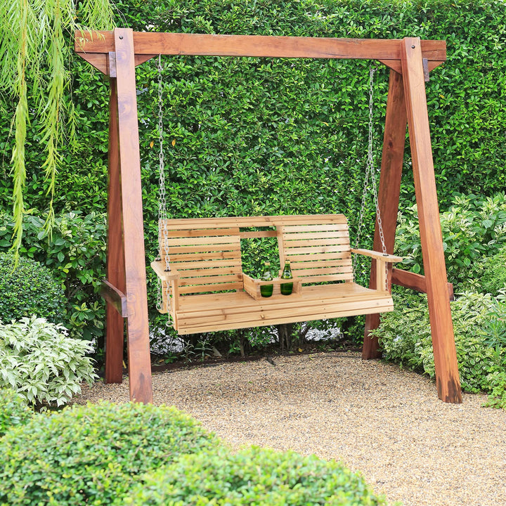 Giantex Outdoor Hanging Porch Swing - 2-Seat Wood Swing Bench
