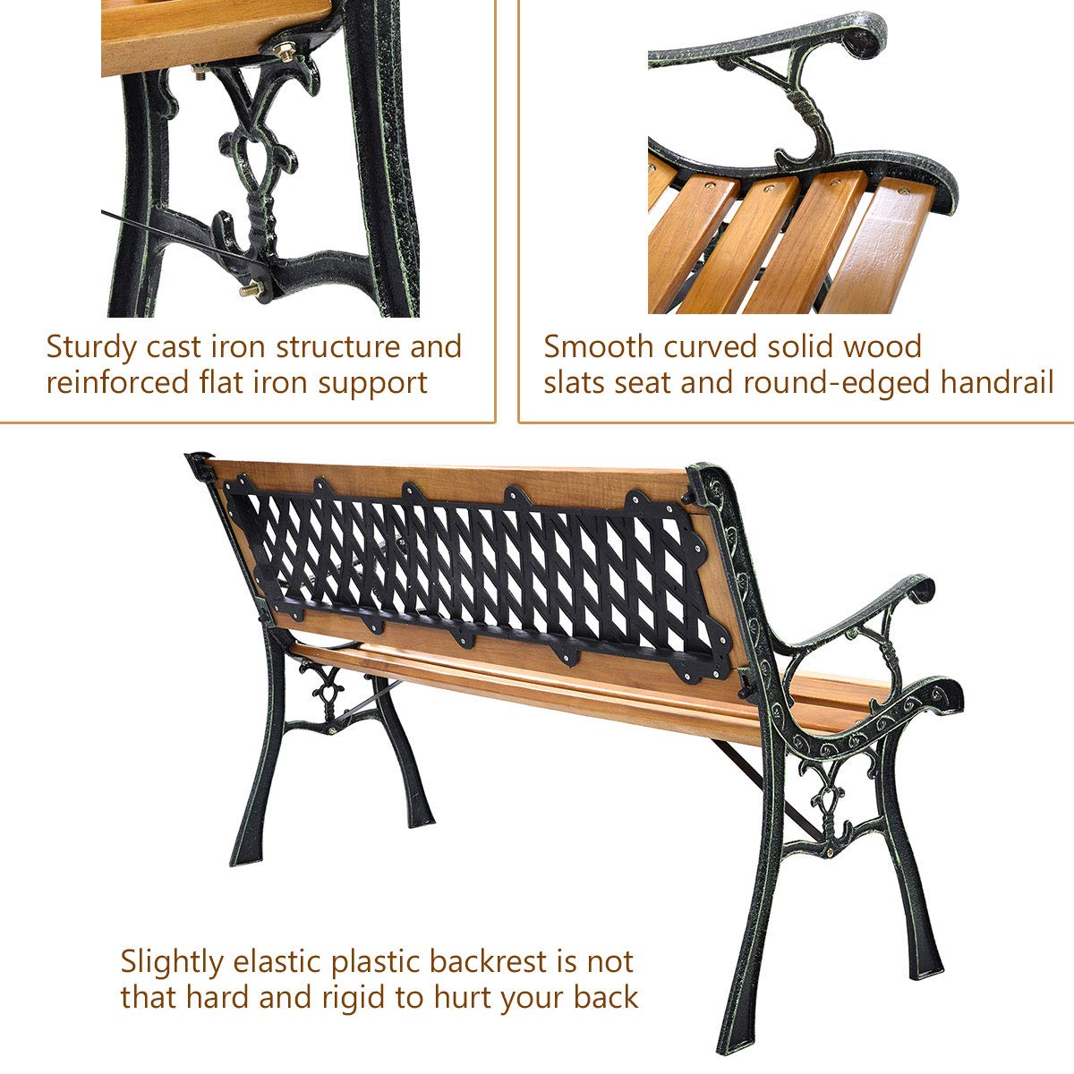 Giantex 50'' Patio Bench, Outdoor Furniture Cast Iron Hardwood Frame Porch Loveseat