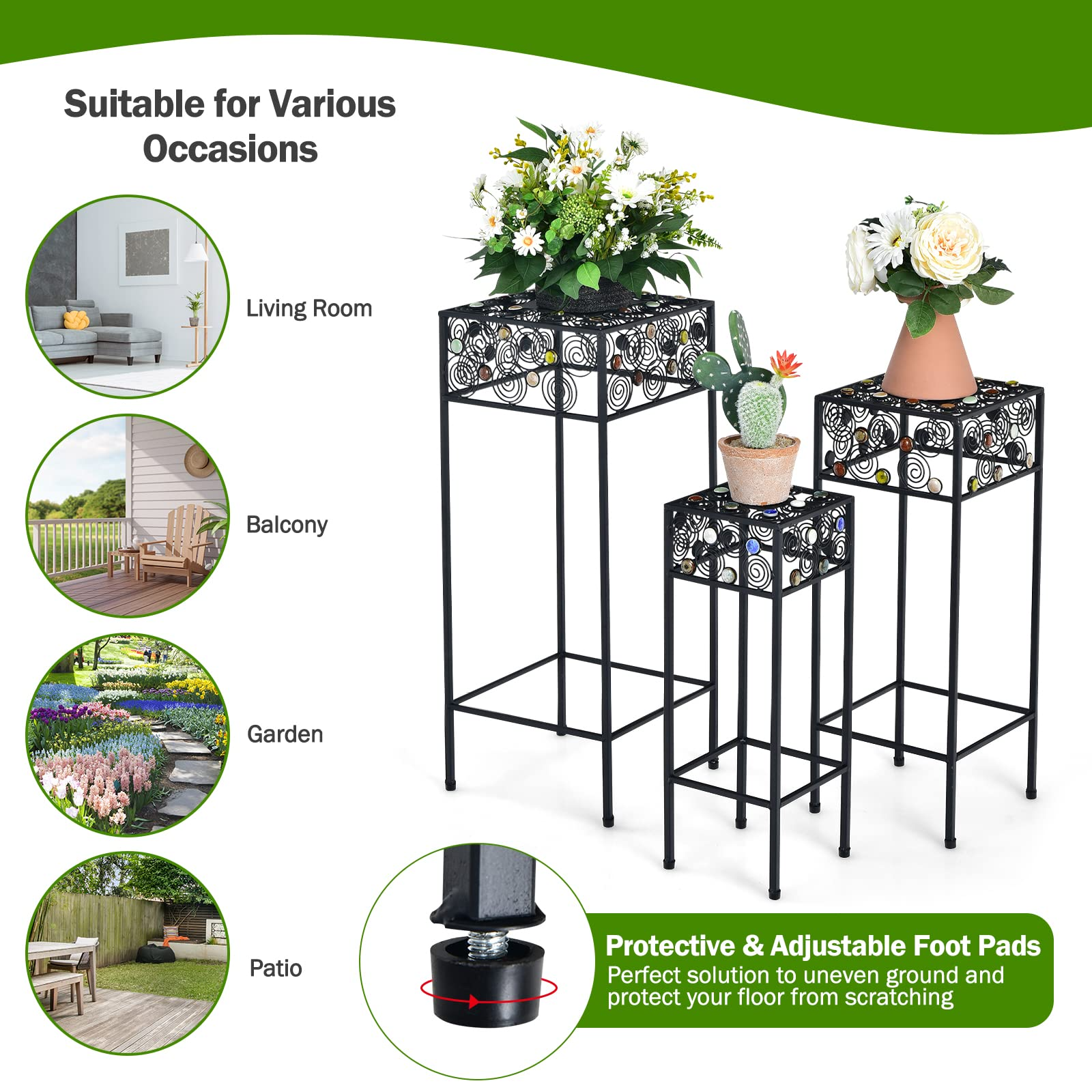 Metal Plant Stand Set of 3, Display Rack for Potted Plants with Colorful Ceramic Beads