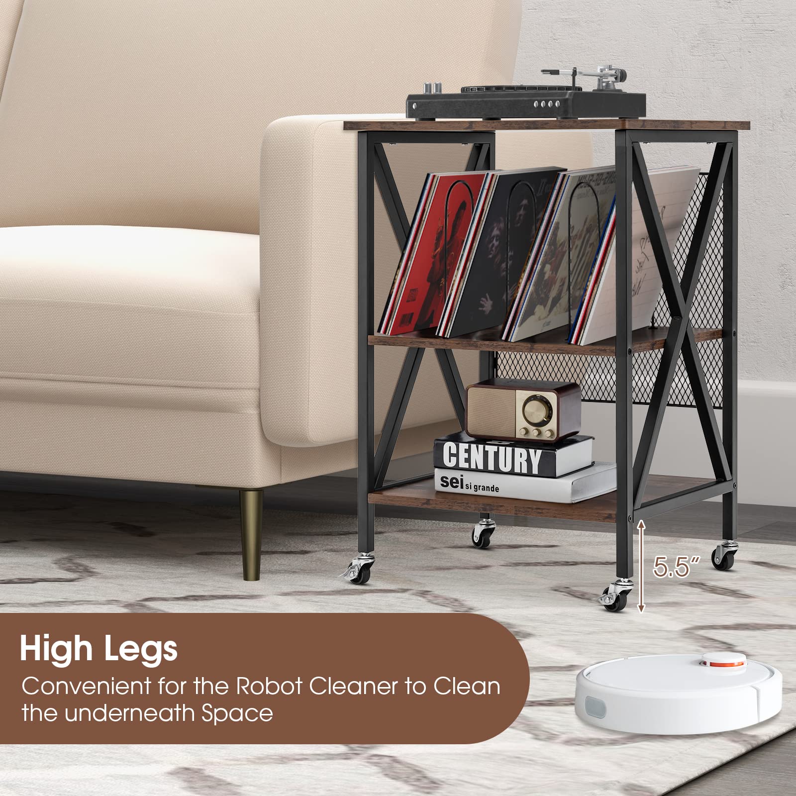 Giantex Record Player Stand, Vinyl Record Storage Table w/ 3 M-shaped Dividers & 4 Rolling Wheels, Rustic Brown