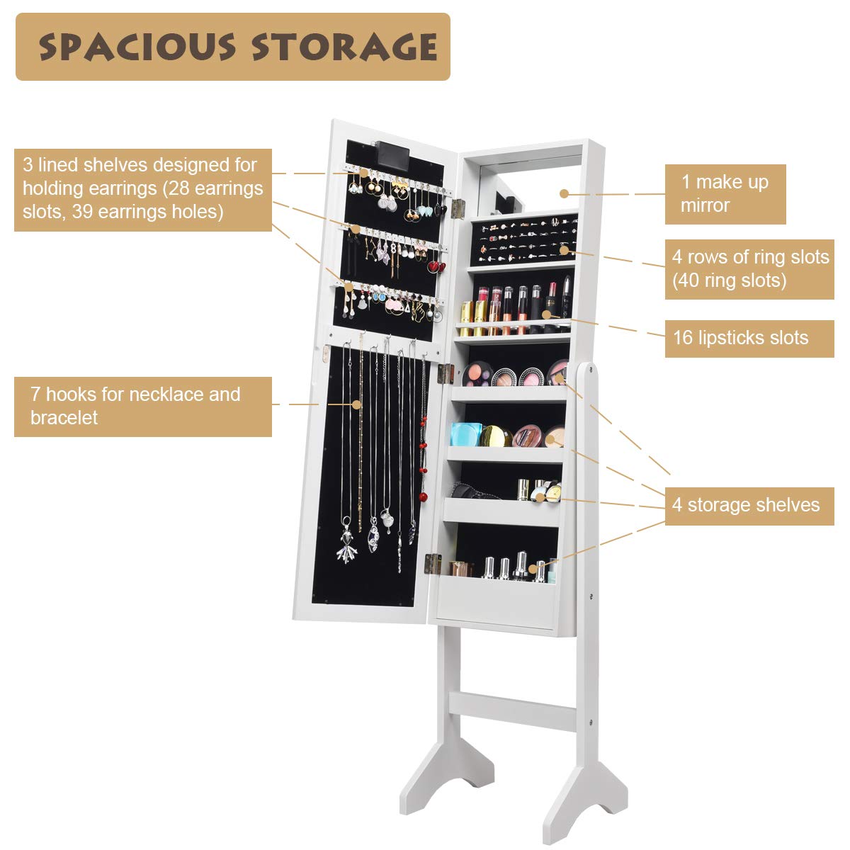Standing Jewelry Armoire with 18 LED Lights Around the Door