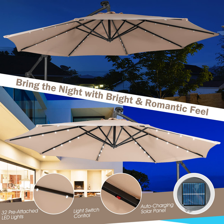 10 ft Pool Umbrellas with 32 LED Lights Solar Powered Offset Umbrella
