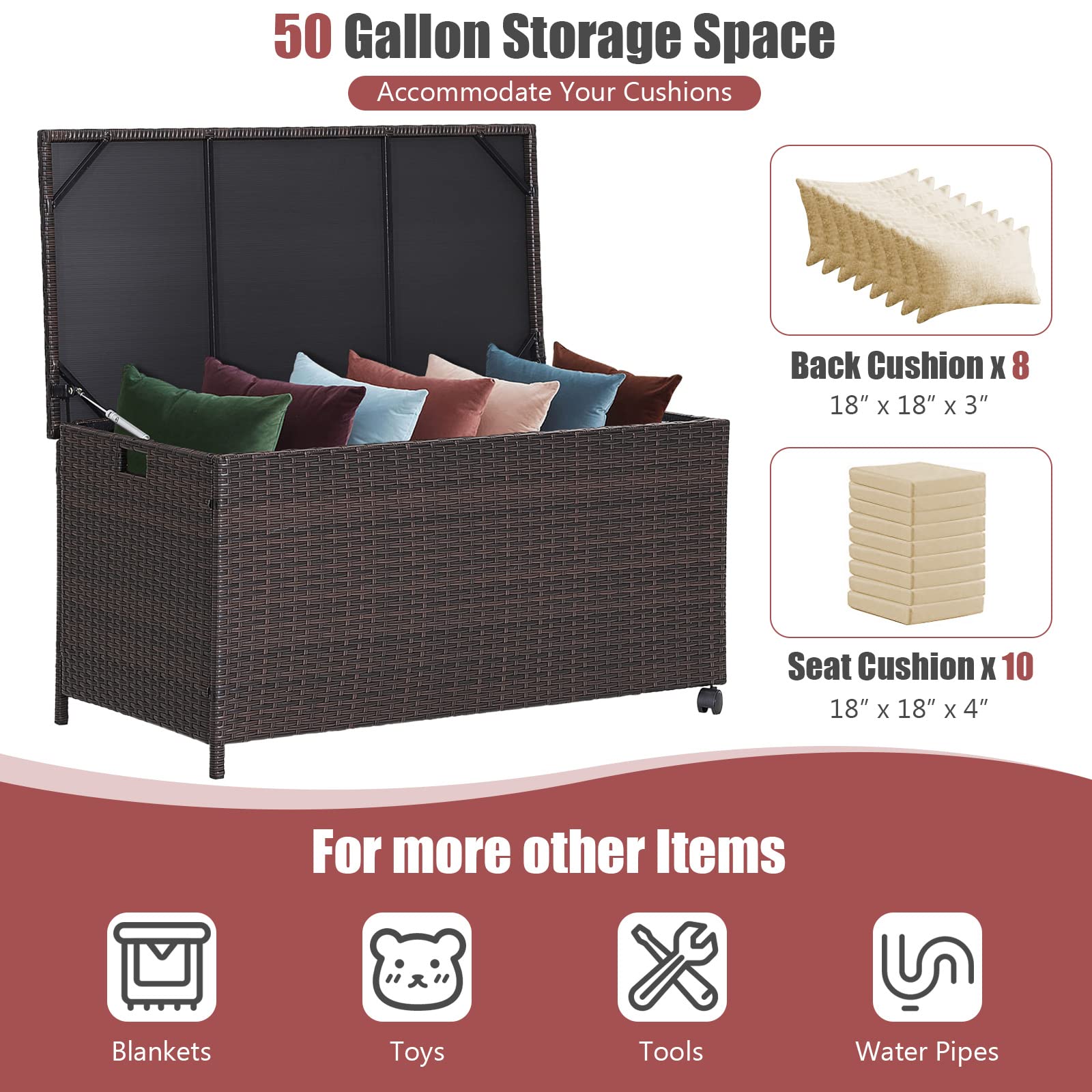 Giantex Outdoor Wicker Storage Box - 50 Gallon PE Rattan Storage Container with Lid, Mix Brown
