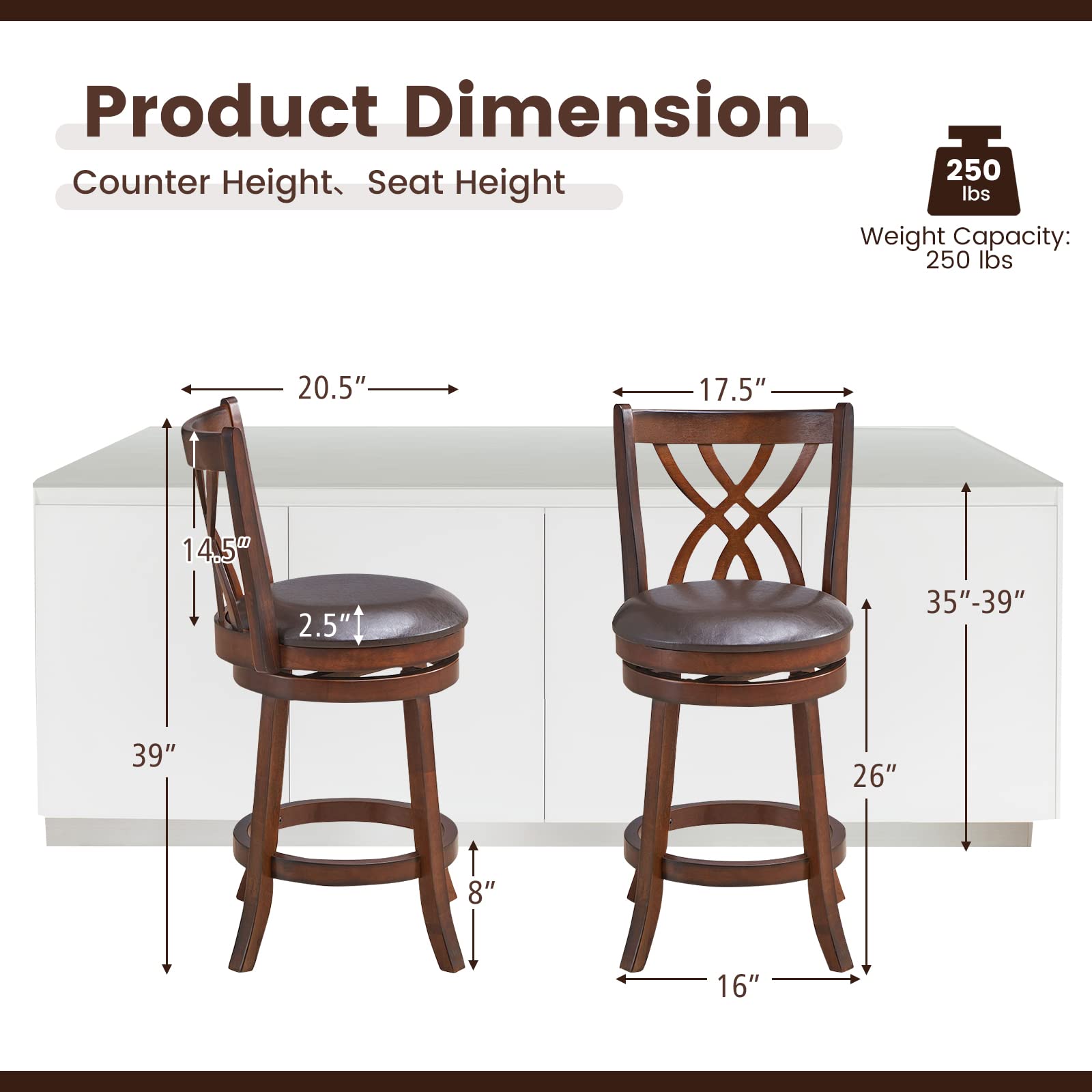 Giantex Brown Bar Stools PU Leather Cushioned Seat and Footrests, for Kitchen Island