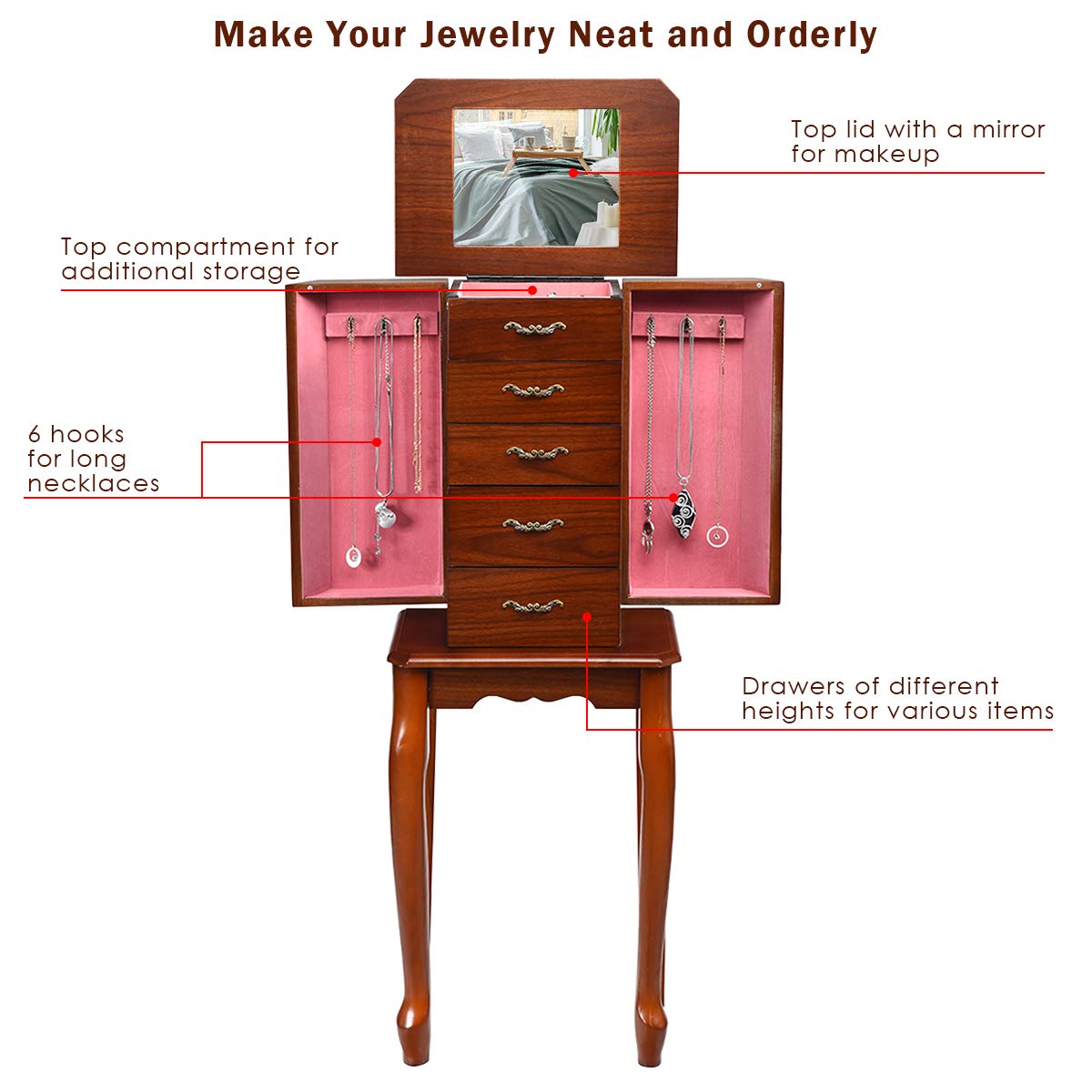 Giantex Standing Jewelry Cabinet Armoire with Top Flip Mirror