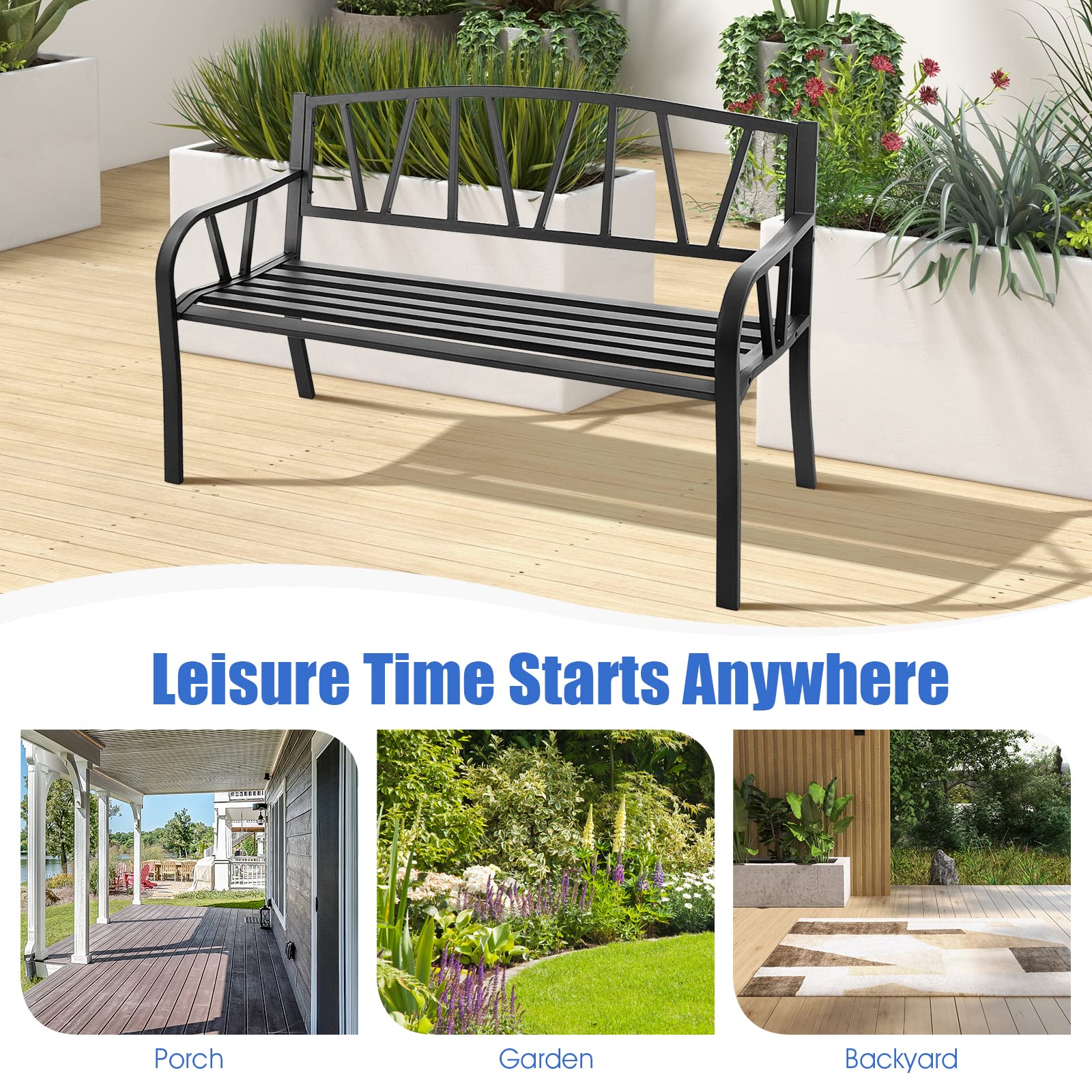 Giantex Garden Bench for Outside 50 Inch - Outdoor Bench with Rustproof Metal Frame, Black
