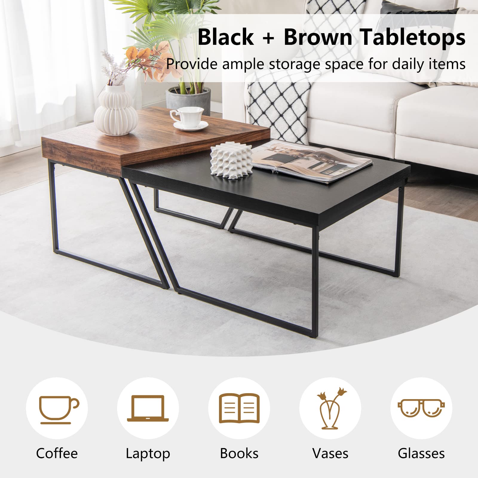 Giantex Stacking Coffee Table Set of 2, Black & Brown Modern Side Table