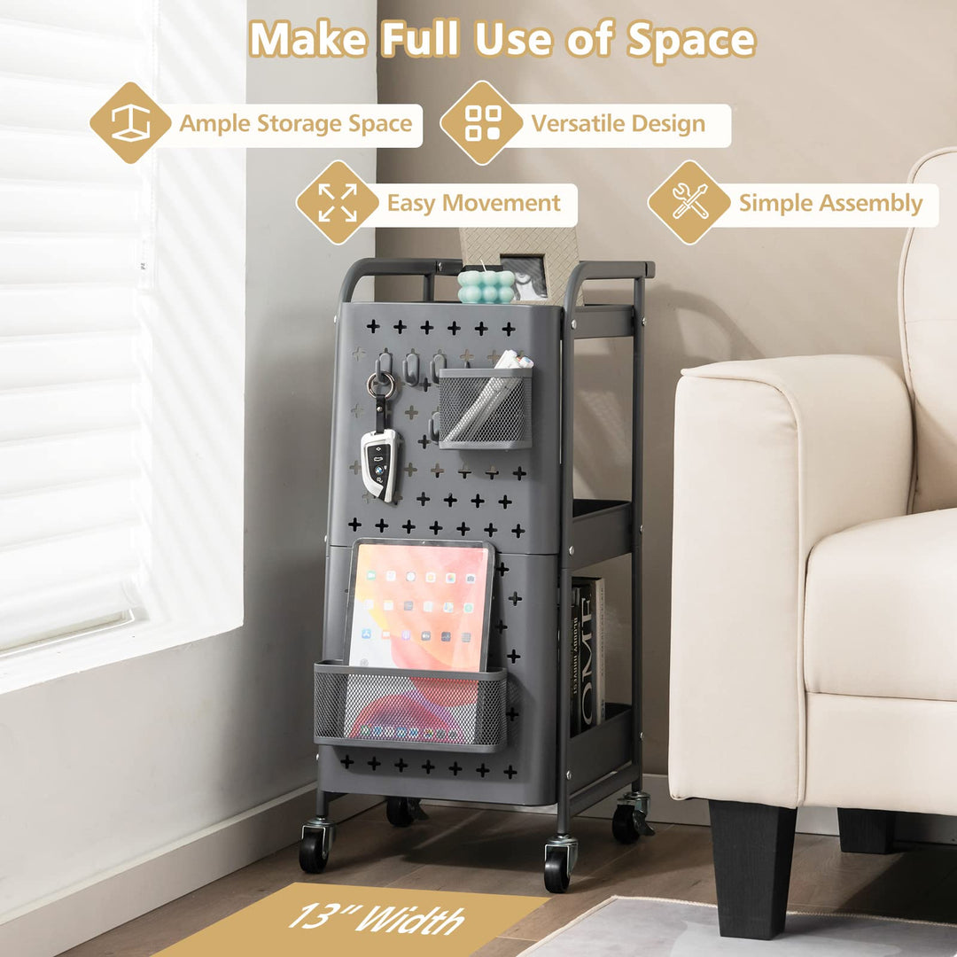 Giantex 3-Tier Utility Cart, Rolling Storage Organizer w/ Pegboards, 2 Mesh Baskets, 4 Hanging Hooks, Art Craft Trolley