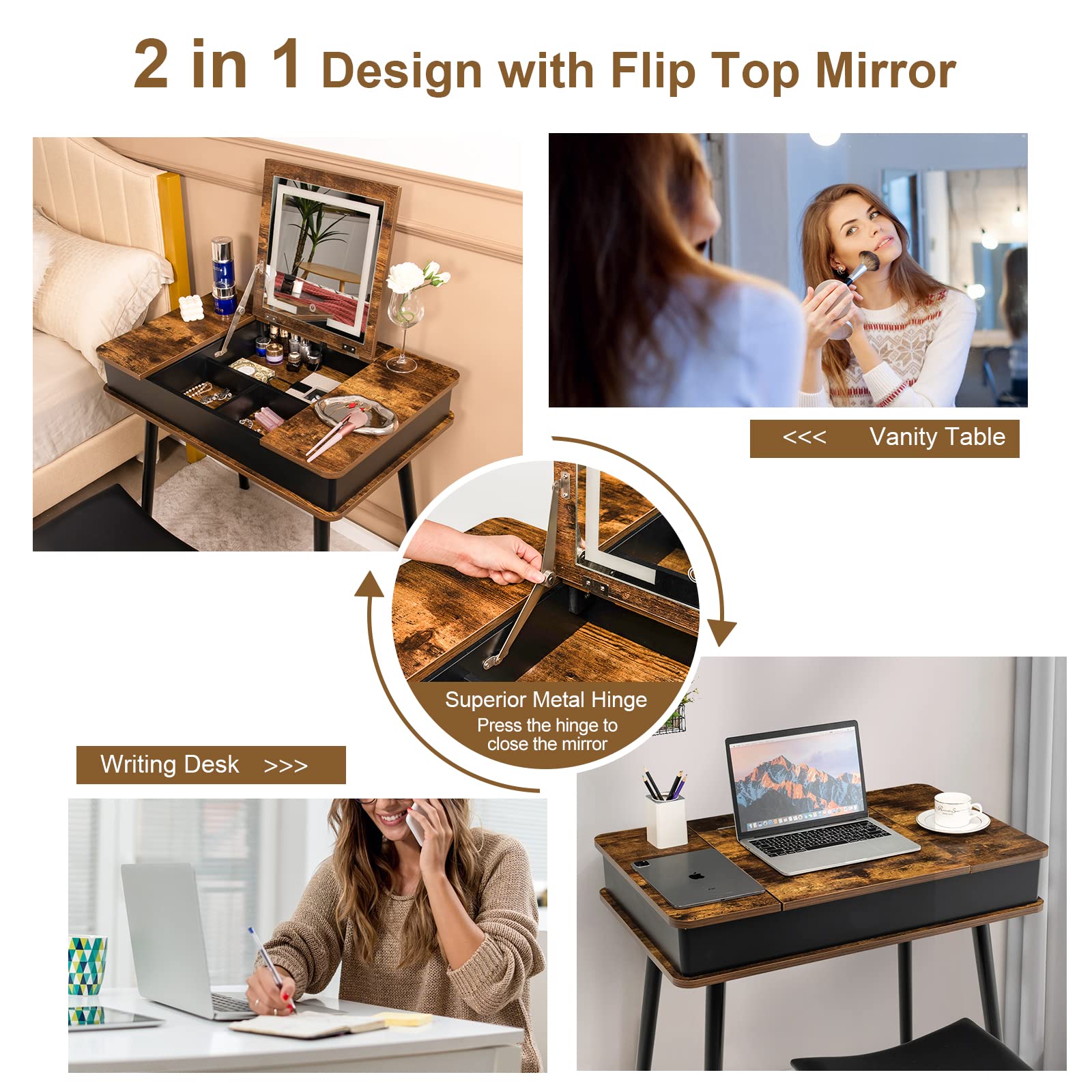 CHARMAID Vanity Desk with 3-Color Lighted Flip Top Mirror