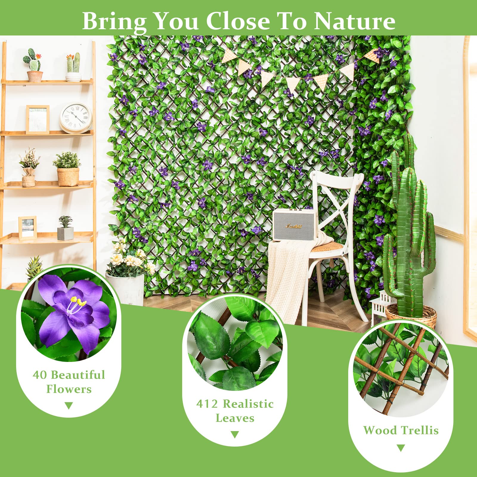 Expandable Fence with Leaves, 6.5ft Privacy Screen Decorative Fake Ivy Fencing Panel
