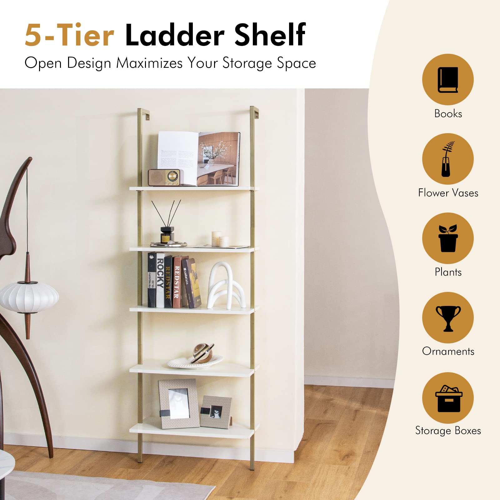 Giantex 5 Tier Modern Wall Mounted Bookshelf, 71'' White and Gold Wood Bookcase with Steel Frame