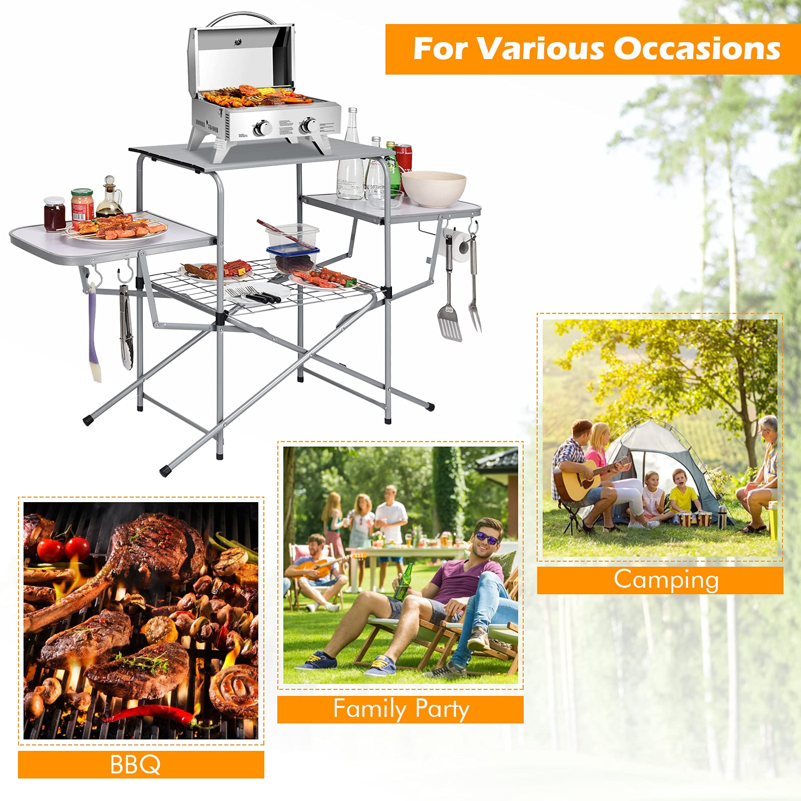 Giantex Folding Grill Table with 26'' Main Tabletop, Portable Aluminum Camping Table