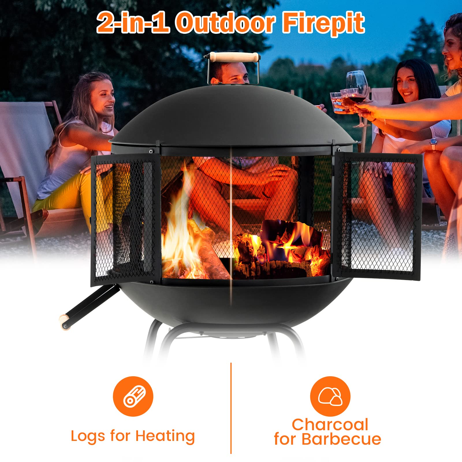 Giantex 28” Portable Fire Pit on Wheels - Mobile Wood Burning Firepit with Log Grate