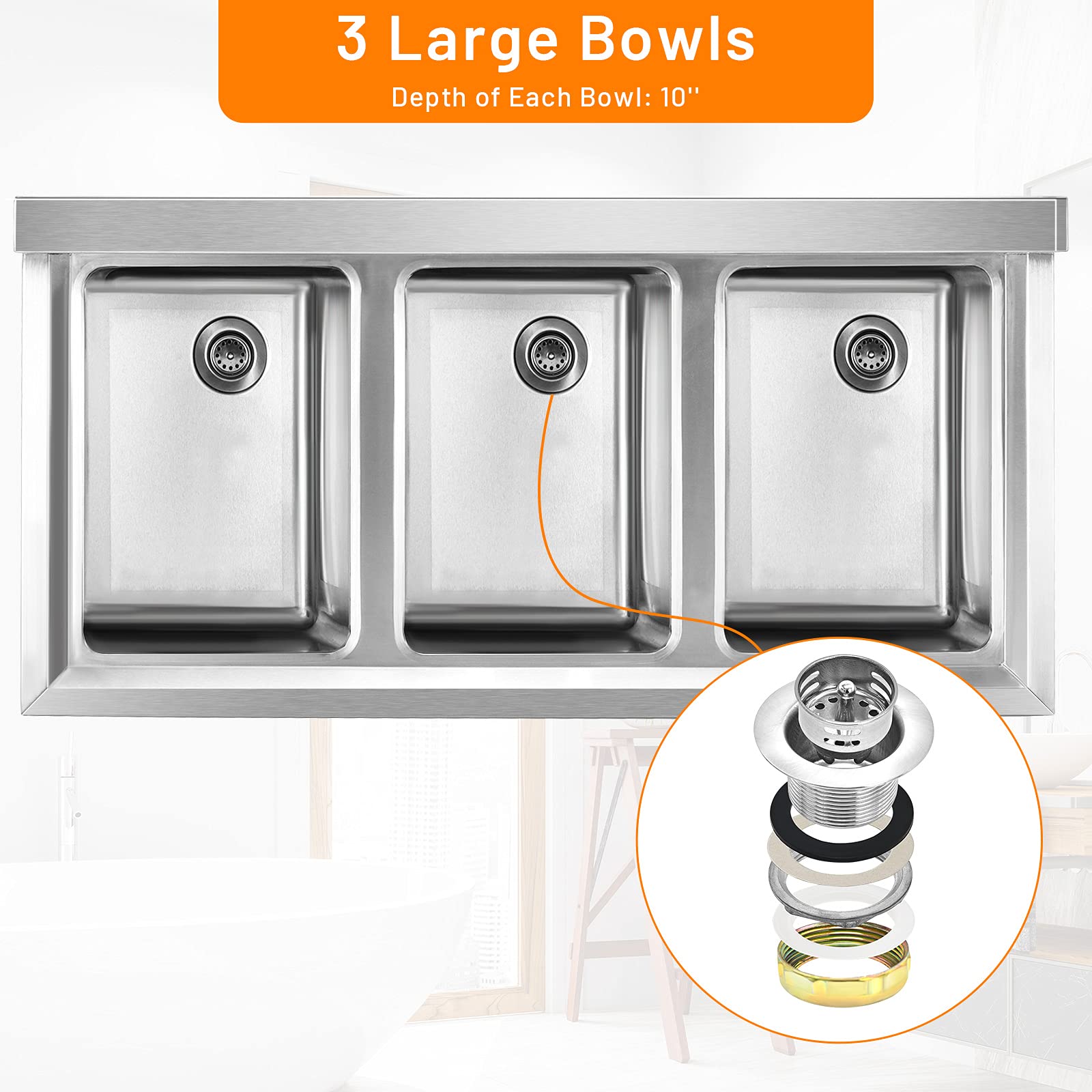 3 Compartment Heavy Duty Stainless Steel Kitchen Sink