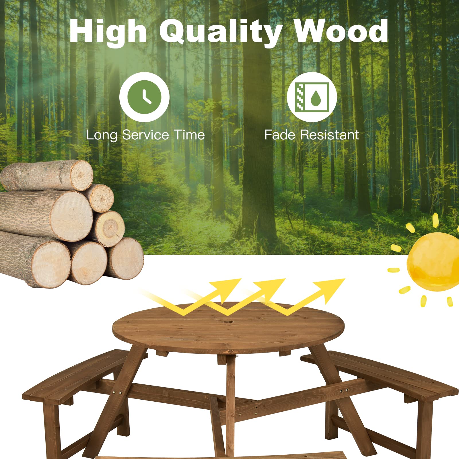 Giantex Wooden Picnic Table for 6 Person, Round Outdoor Table with 3 Benches, Umbrella Hole