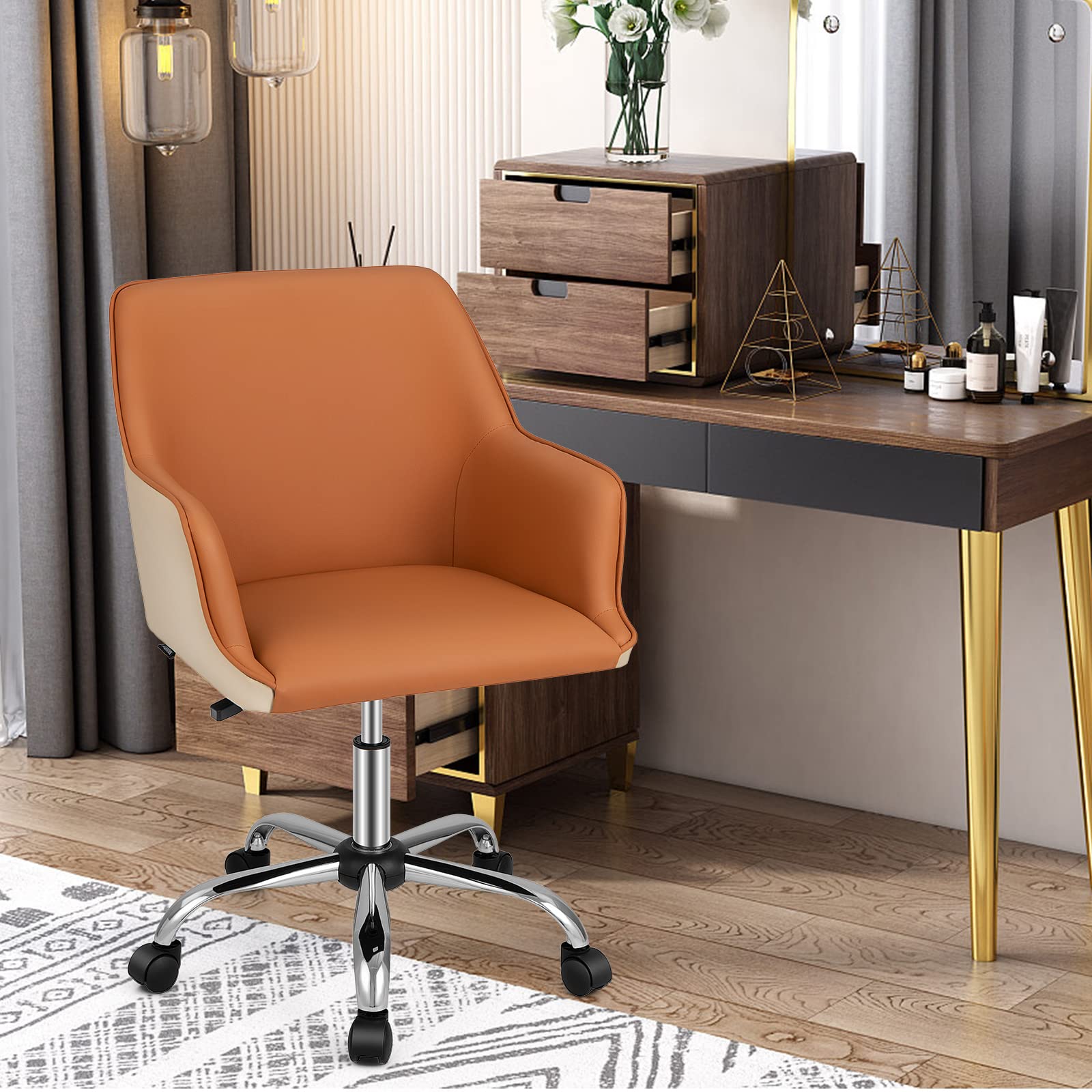 Giantex Home Office Desk Chair, Upholstered PU Leather Task Chair, Orange & Beige