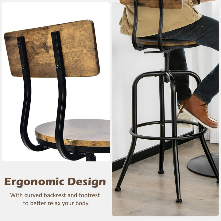 Industrial Bar Stool, Vintage Adjustable Swivel Counter Height Kitchen Dining Chair with Arc-Shaped Backrest