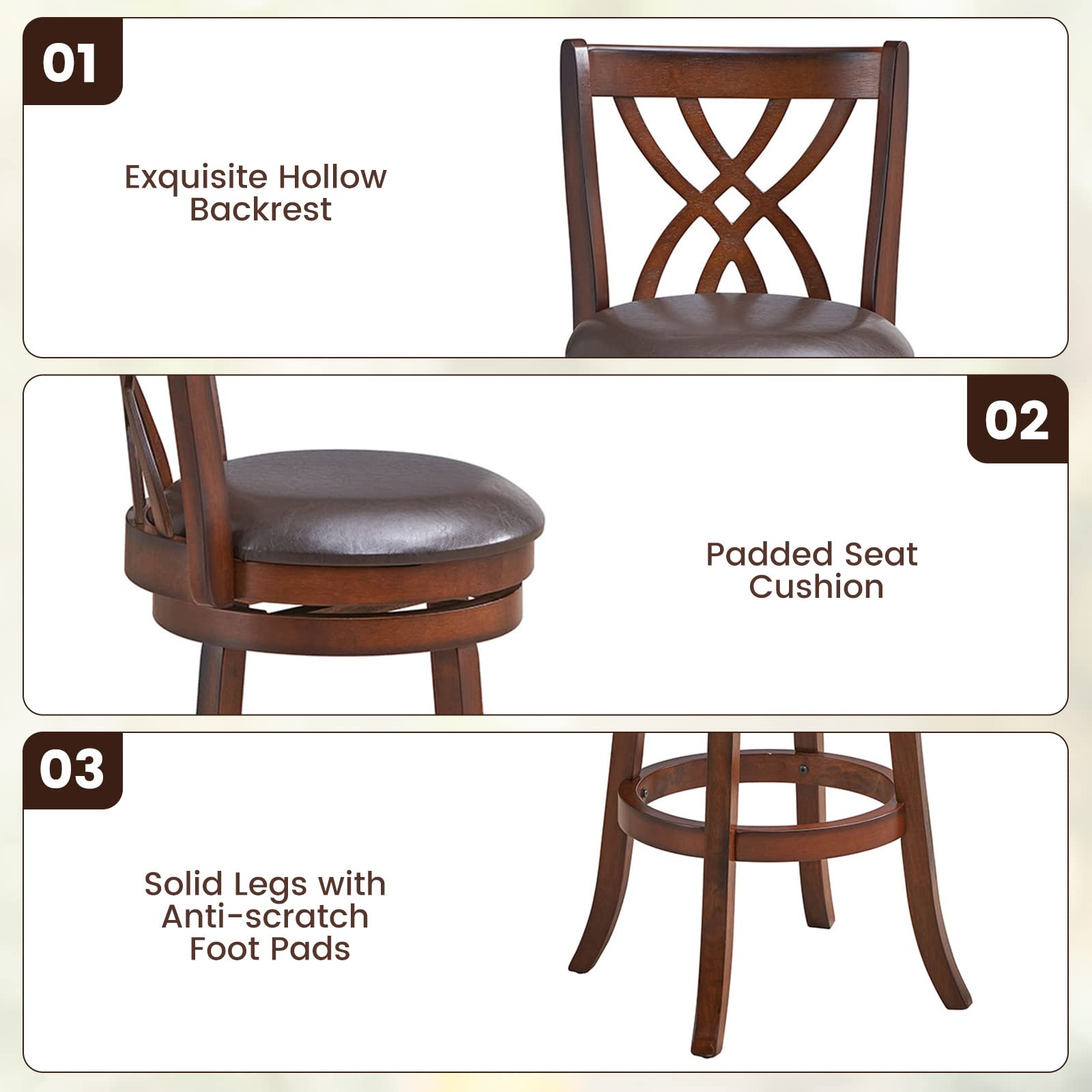 Giantex Brown Bar Stools PU Leather Cushioned Seat and Footrests, for Kitchen Island