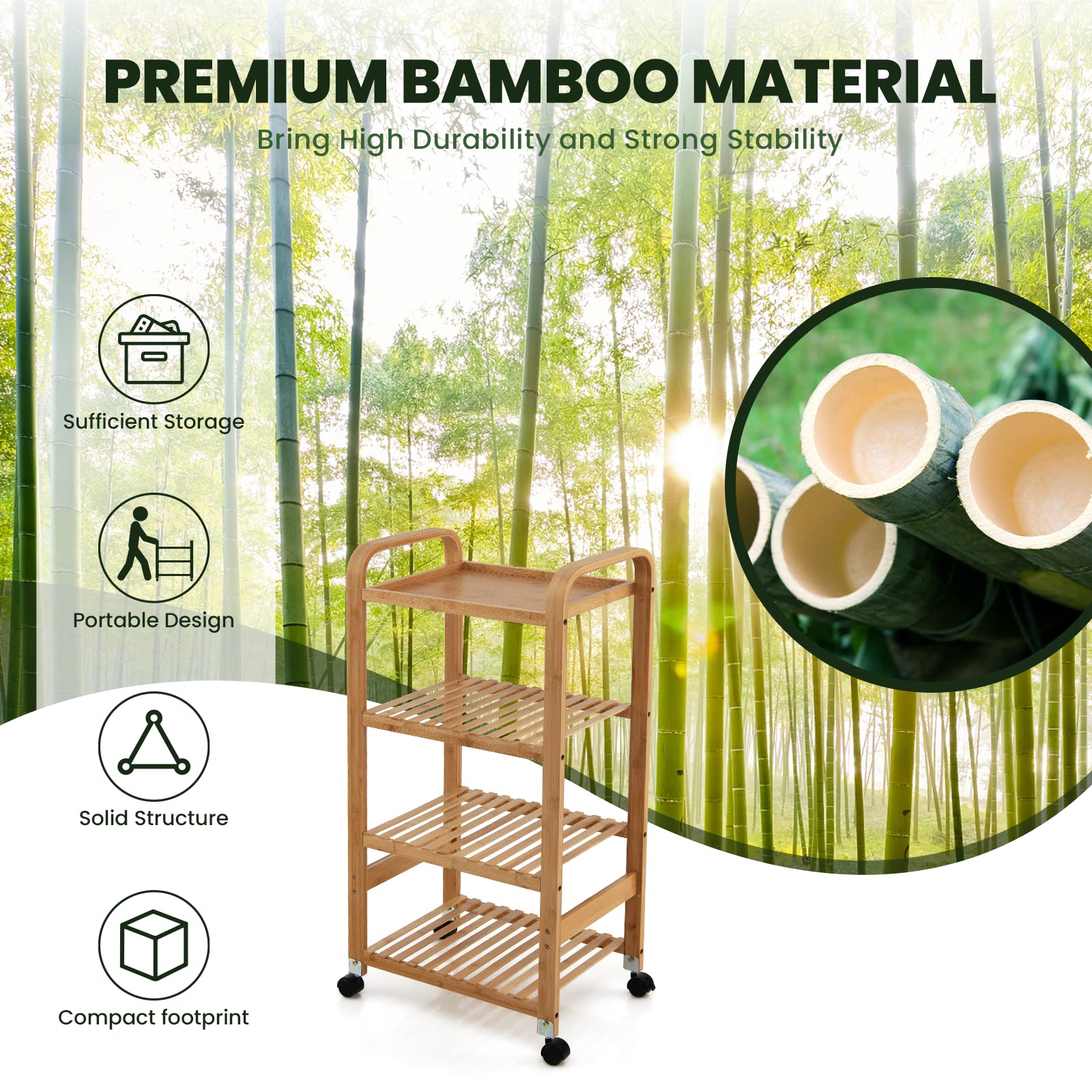 Giantex 4-Tier Bamboo Storage Cart, Rolling Utility Cart, Storage Rack on Wheels