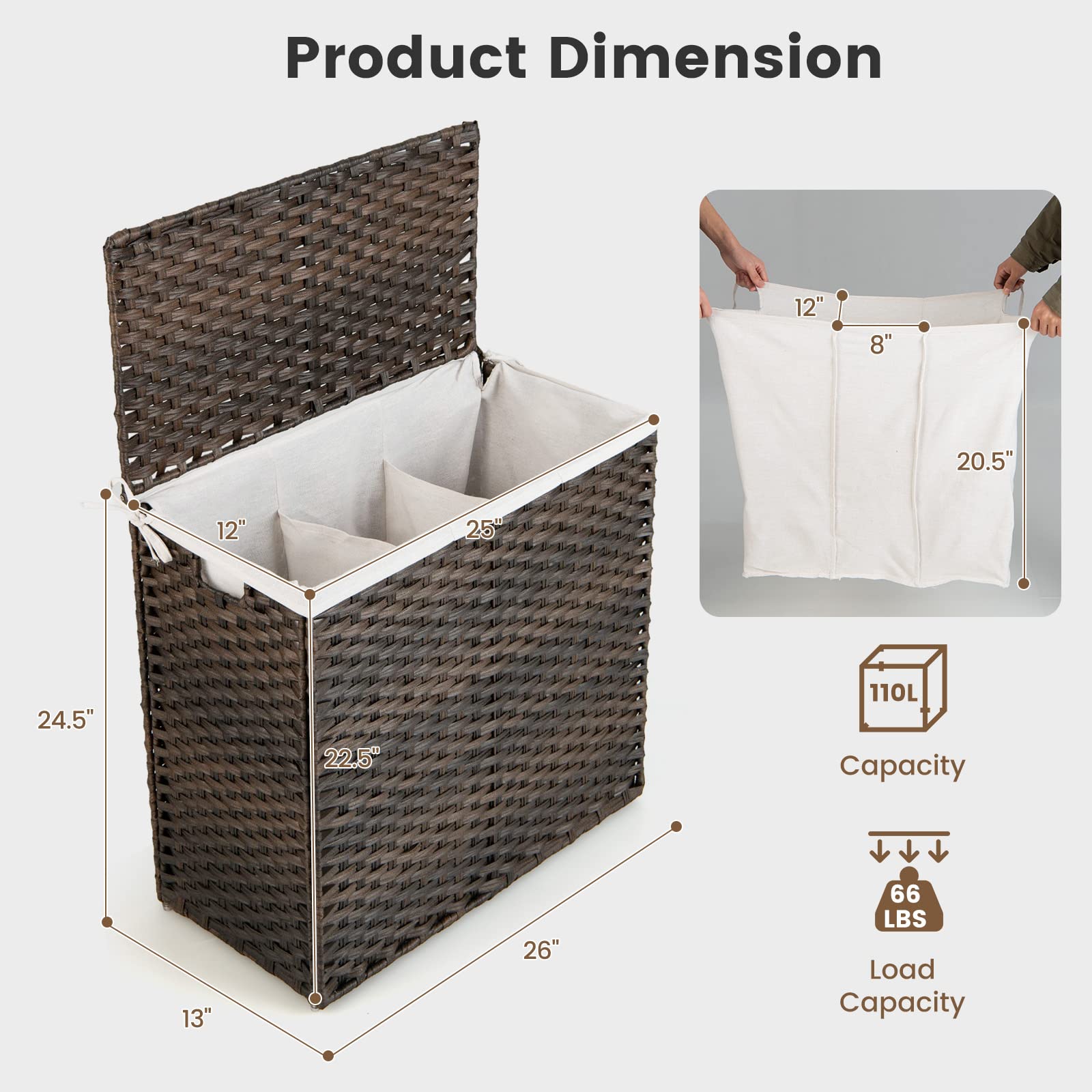 Giantex Laundry Hamper with Lid and Handle, 29 Gal (110L) Wicker Laundry Basket (Brown)