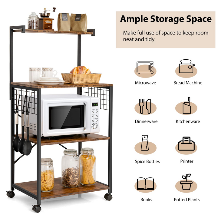 Giantex Kitchen Baker Rack on Wheels, Industrial Utility Storage Shelf, with 3 Hooks (Rustic Brown)