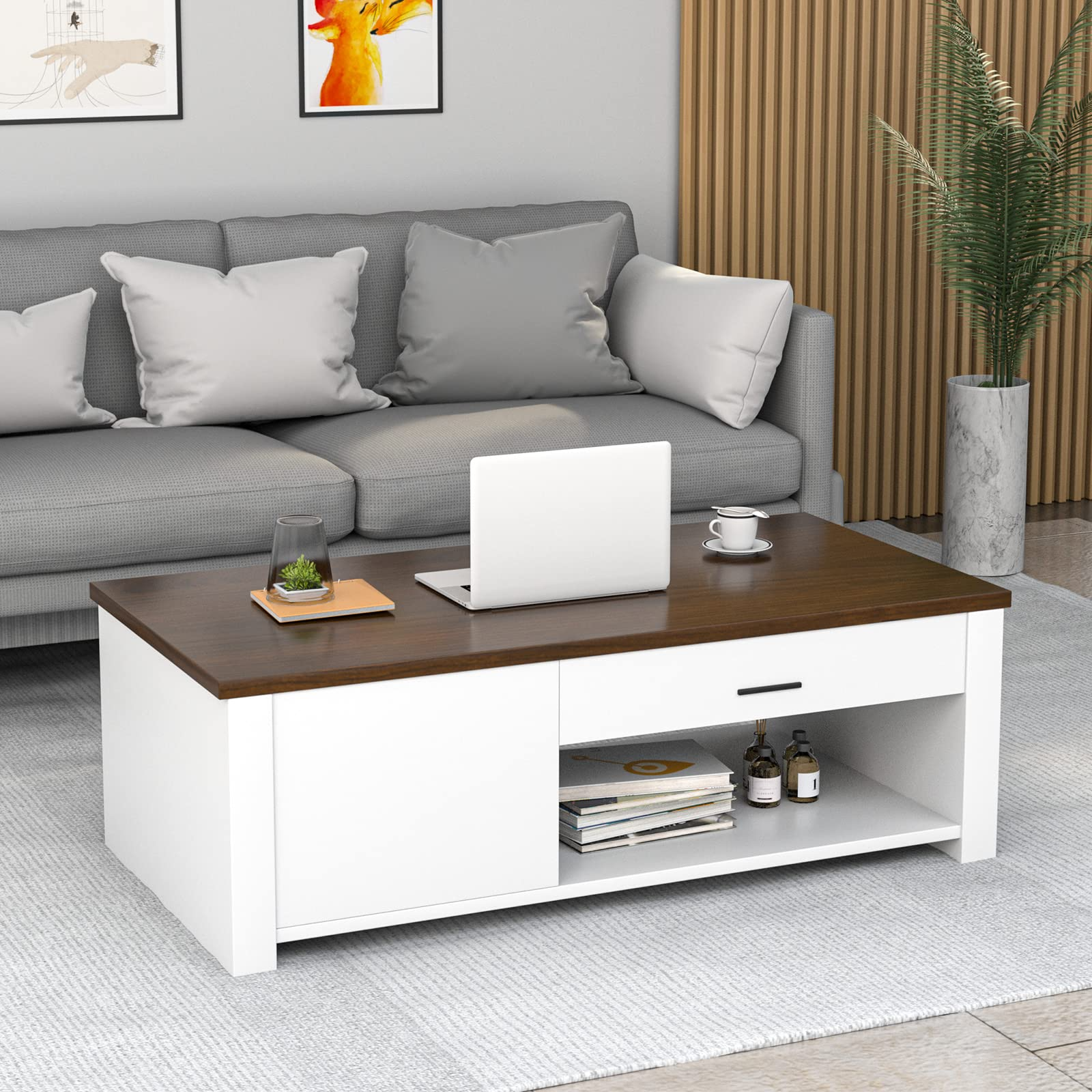 Modern Couch Table with Front & Back Drawers & Compartments, 47.2"x23.6"x16.1"
