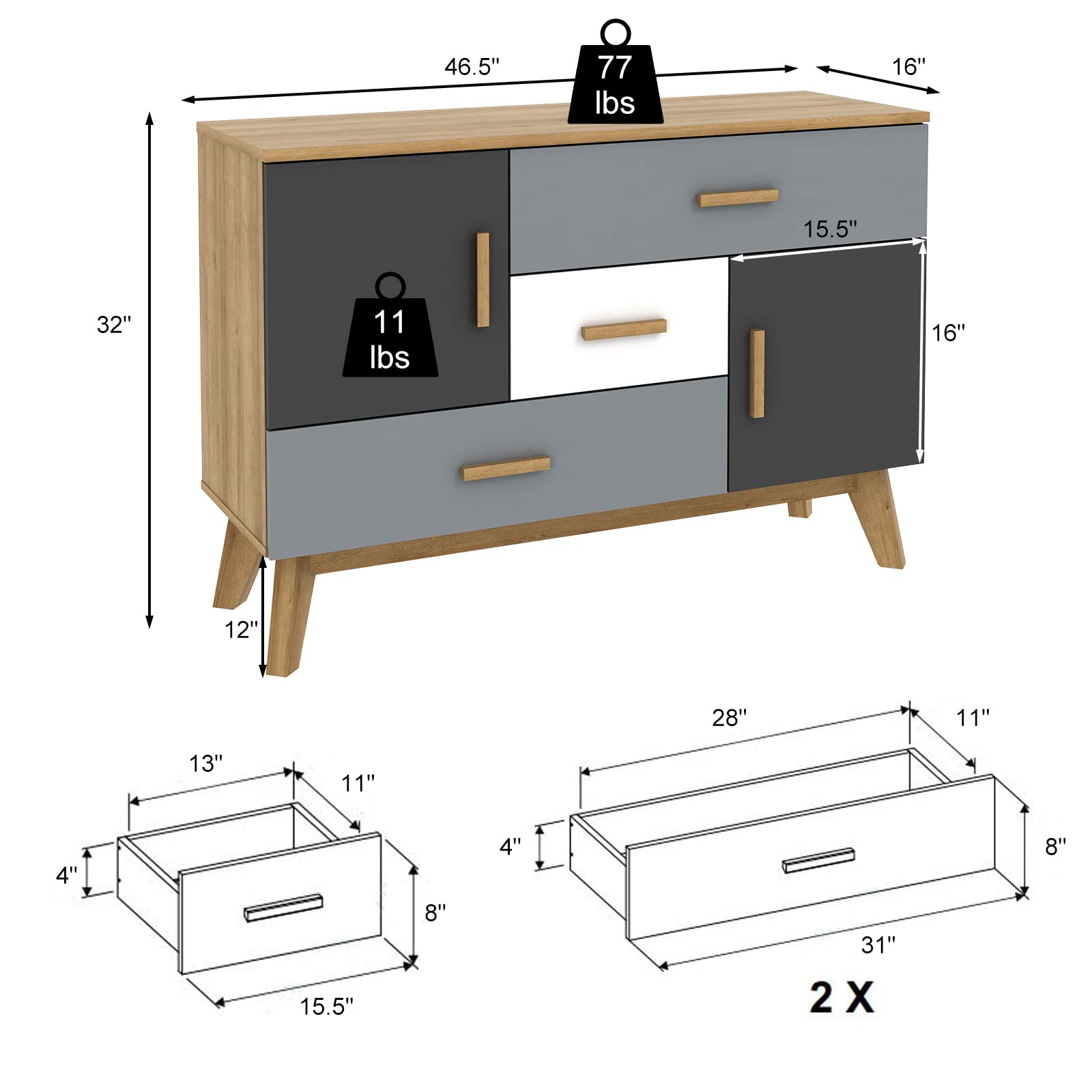 Free-Standing Storage Cabinet, Floor Cabinet with 2 Doors & 3 Drawers