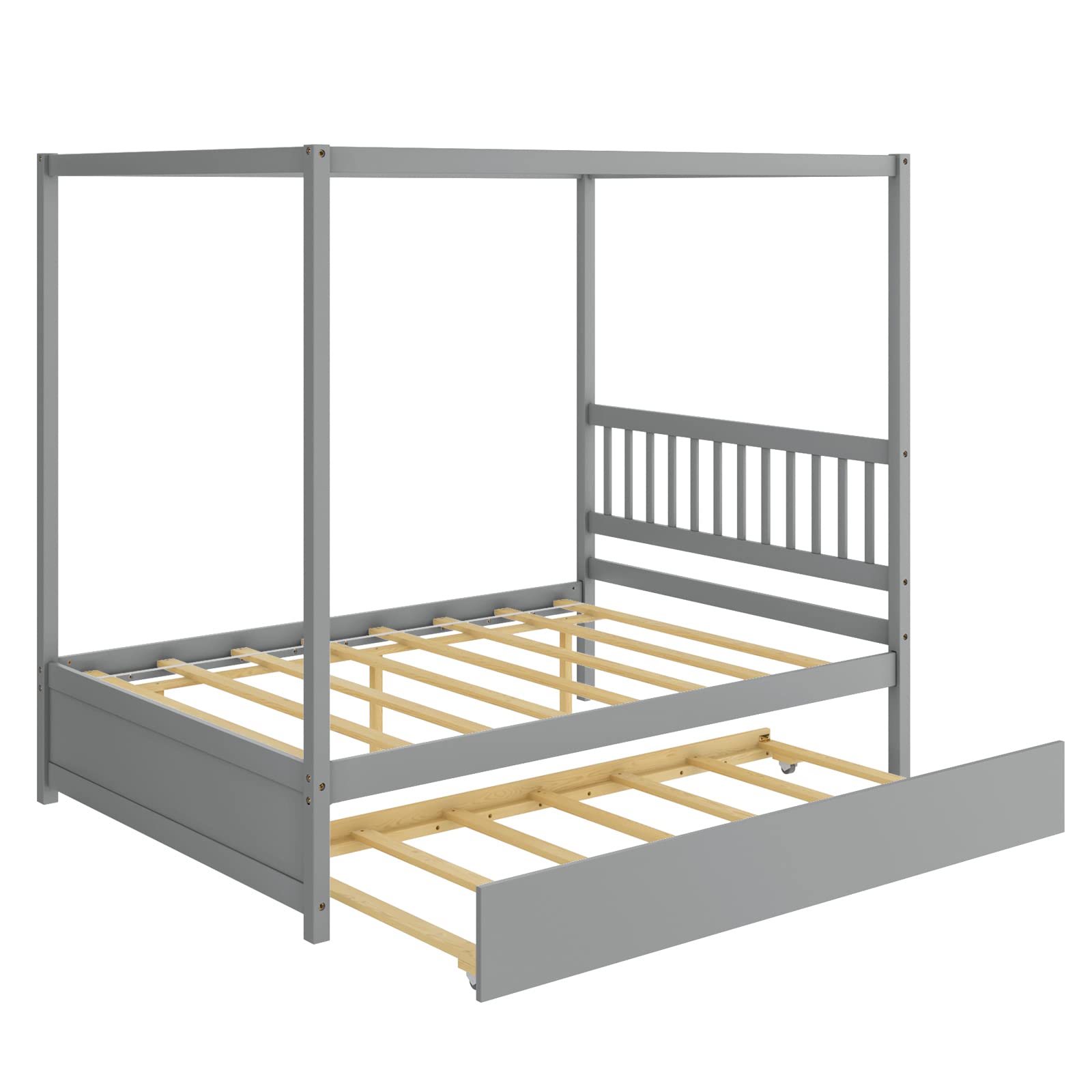 Giantex Canopy Bed w/ Trundle, Full Size Kids Solid Wood Platform Bed Frame