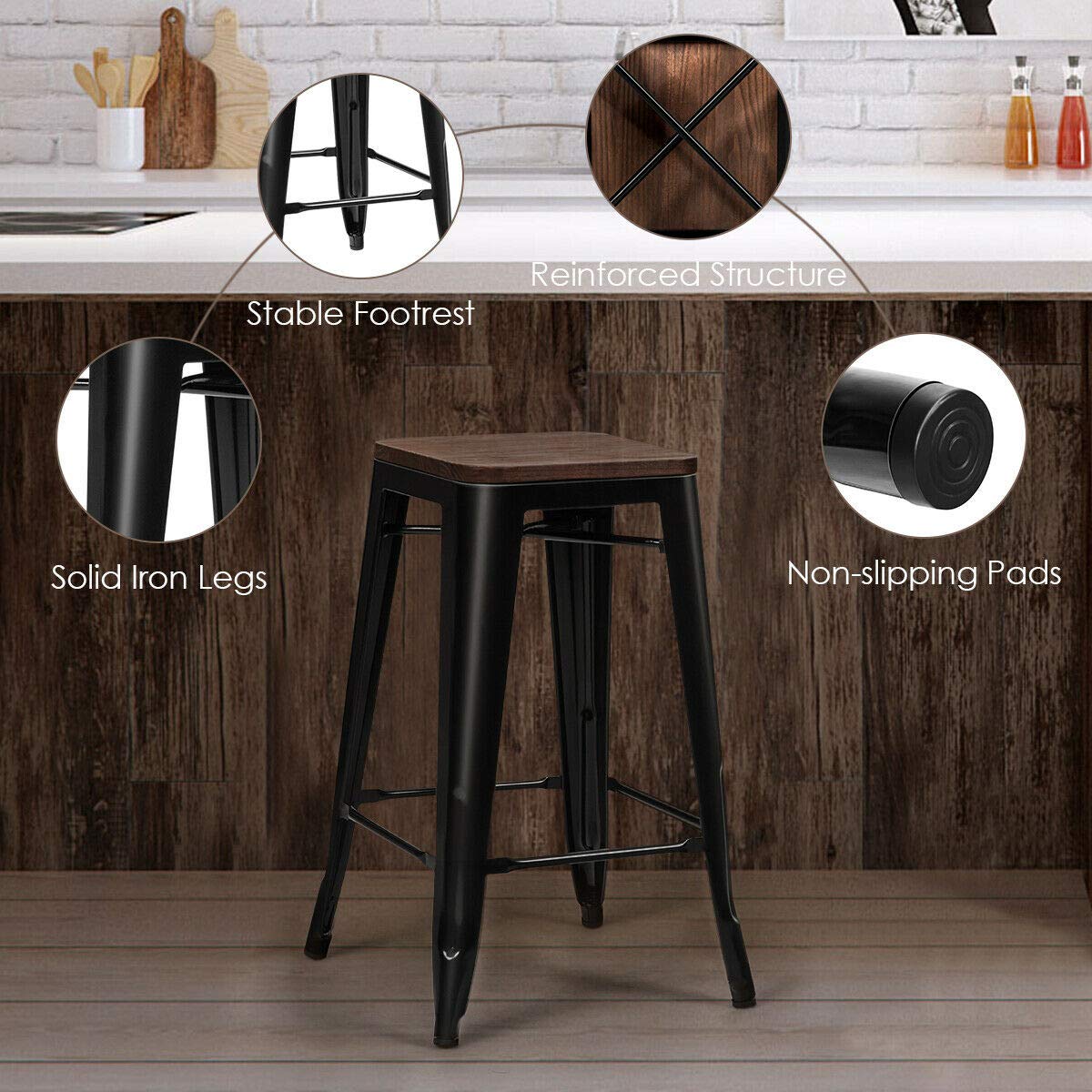 26 inch Metal Bar Stool Set of 4, Counter Height Backless Stool with Wooden Seat
