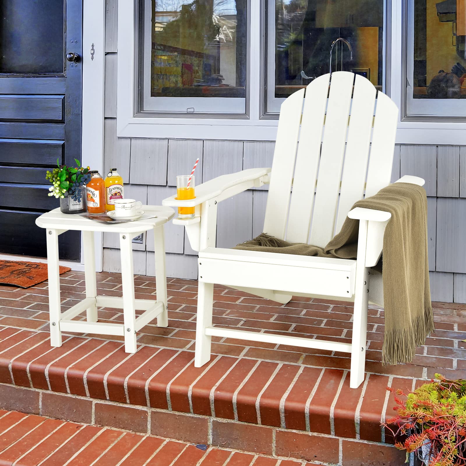 Adirondack Chair with Side Table, Outdoor Fire Pit Chair Set with End Table, White