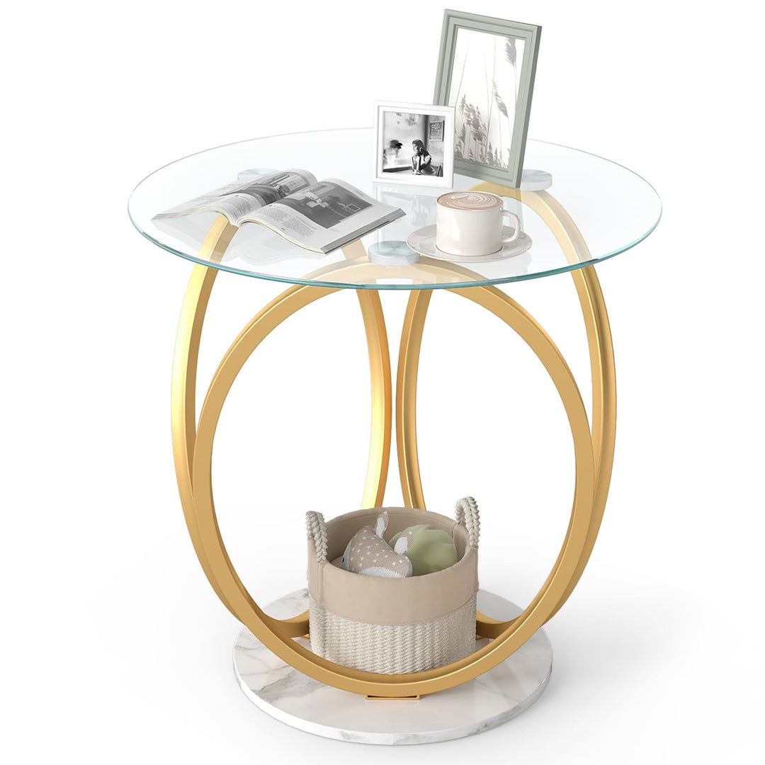 Giantex Round Faux Marble Sofa Couch Side Table with Tempered Glass Tabletop (1/2)